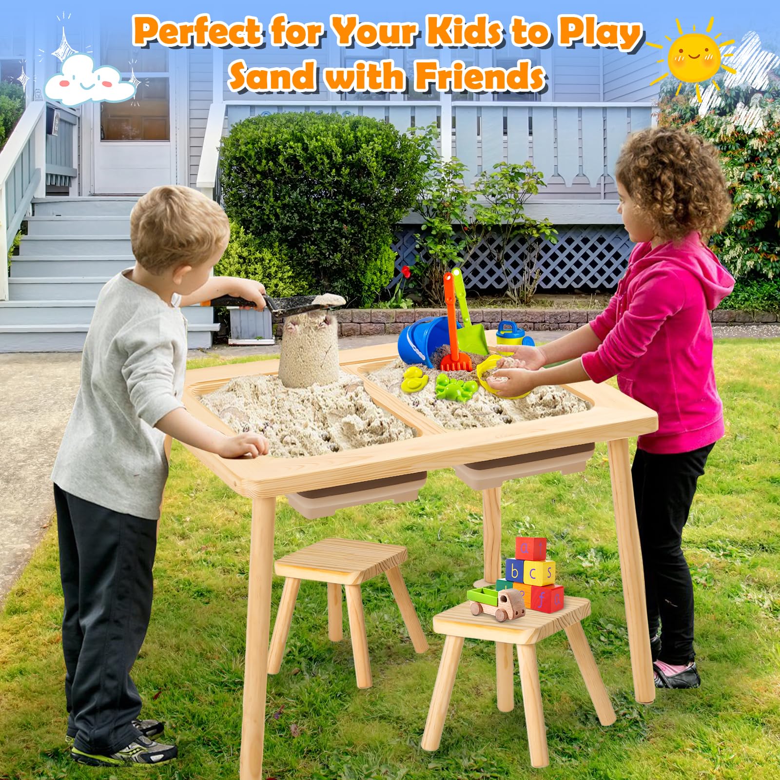 **Kids Sensory Table with 2 Stools - Multifunctional Toddler Sand & Art Play Table for Indoor Activities - Includes 2 Storage Bins & 2 Stools - Perfect for Sensory Play, Drawing & Creative Learning**