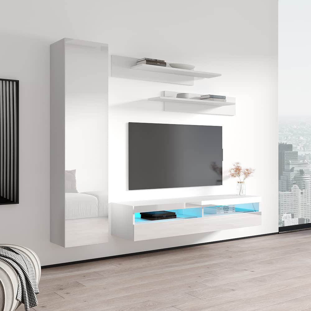 Modern White Wall-Mounted TV Stand with Storage Shelves & LED Lights - Floating Entertainment Center Console for Living Room & Bedroom - Meble Furniture Fly G1 35