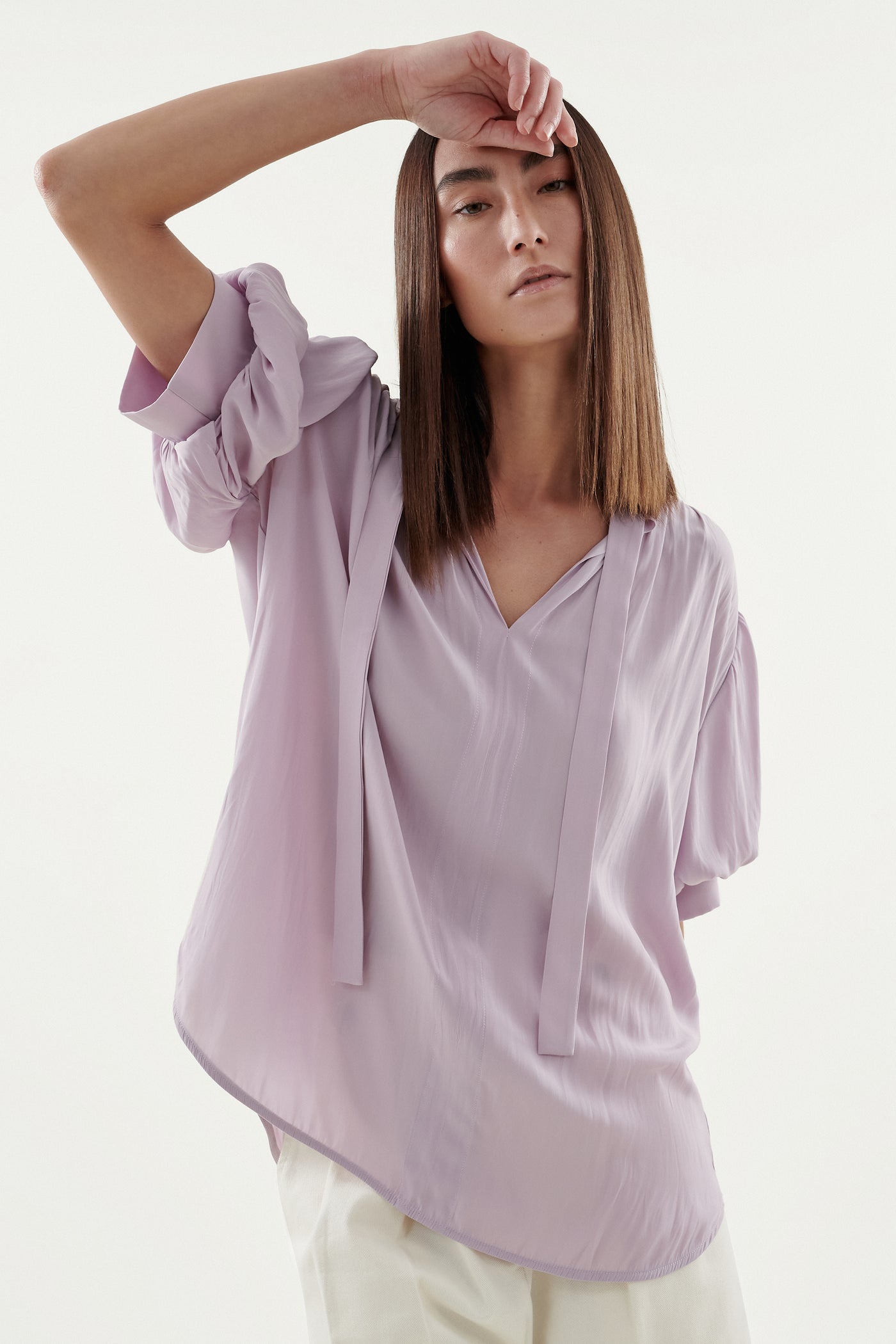 Layered Fluid Silky Puff Sleeve Tie Neck Blouse for Women - Elegant Office & Party Tops - Perfect for Work, Date Night & Special Occasions
