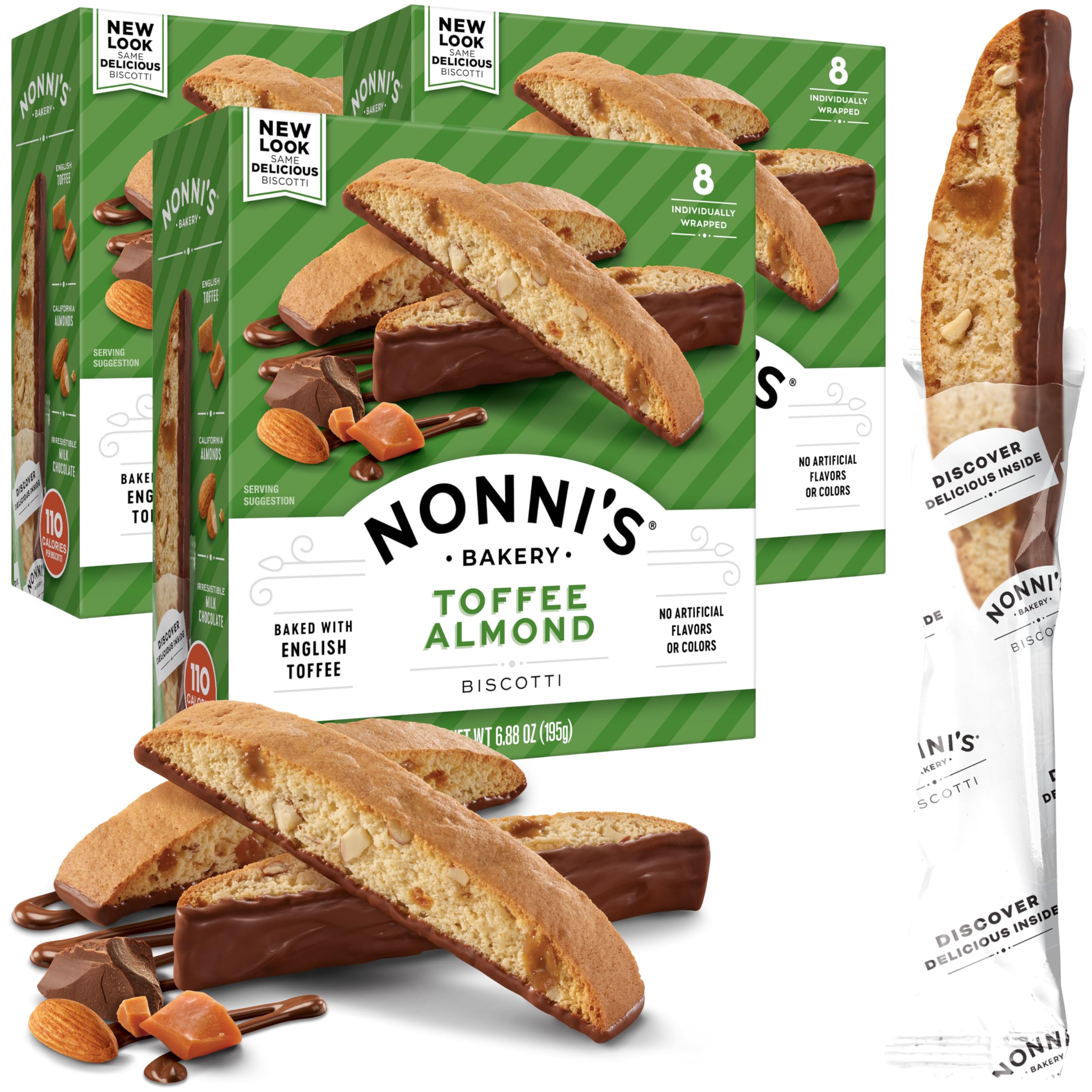 Nonni's Toffee Almond Biscotti Italian Cookies - 3 Pack (6.88 oz) - Individually Wrapped Milk Chocolate Dipped Biscotti with English Toffee & Almond Bits - Perfect for Coffee Pairing, Gifts & Dessert Platters