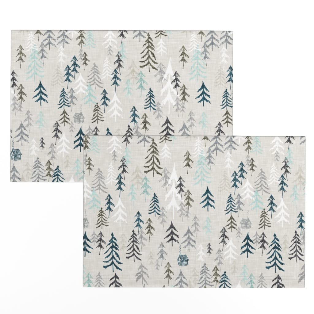 Premium Linen Cotton Canvas Placemats Set of 2 - Earthy Alpine Pine Forest Winter Design for Dining Table Decor, Holiday Dinner Party, and Cozy Home Decor