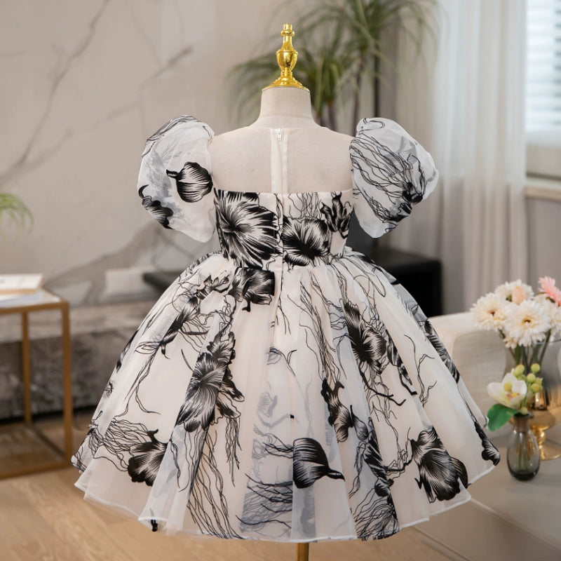 Elegant Baby Girls Ink Print Puff Sleeve Square Neck Princess Dress - Toddler Flower Girl Party Dress for Birthday, Photo Shoot & Special Occasions