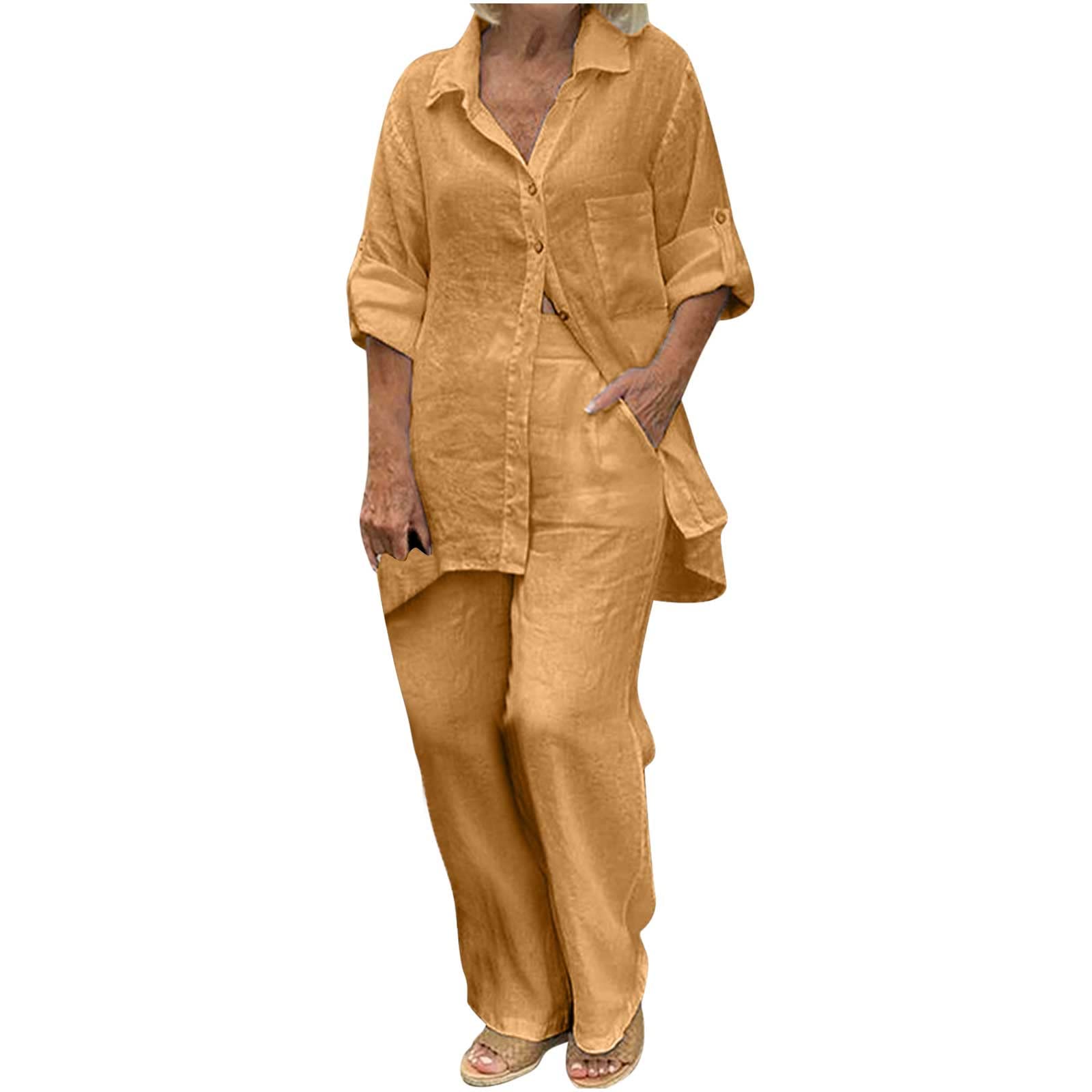 Women's 2-Piece Linen Outfit Set - Summer 2024 Casual Button Down Long Sleeve Top & Pants - Lightweight Comfortable Lounge Wear for Home, Vacation & Outdoor Activities