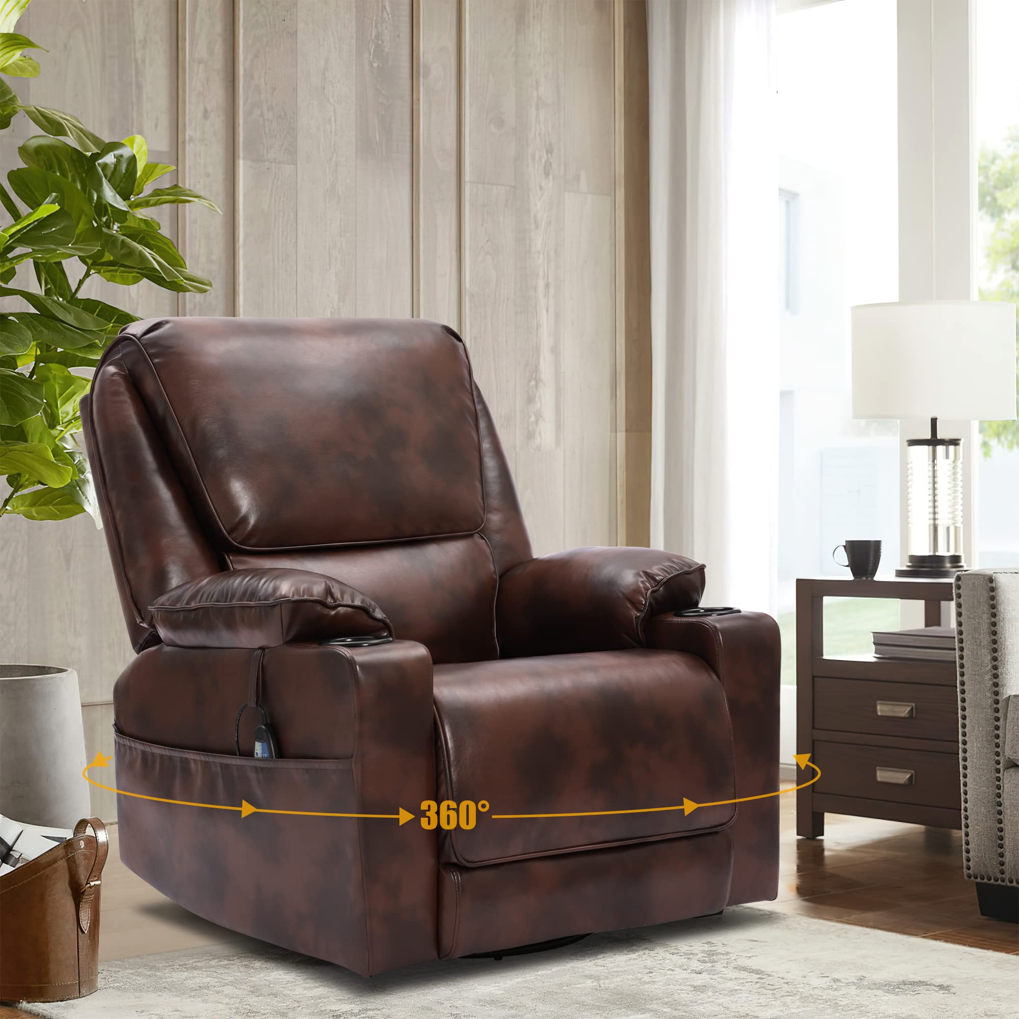 **KIGOTY 360° Swivel Rocking Recliner Chair with Heating & Massage - Ergonomic PU Leather Lounge Chair with Cup Holders & Side Pockets - Perfect for Living Room, Home Theater & Relaxation (Brown)**