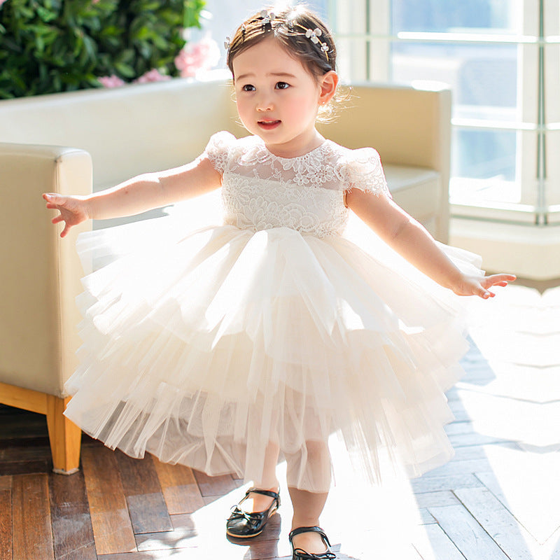 White Princess Tea Length Flower Girl Dress with Lace & Bows - Perfect for Weddings, Baptisms & Special Occasions