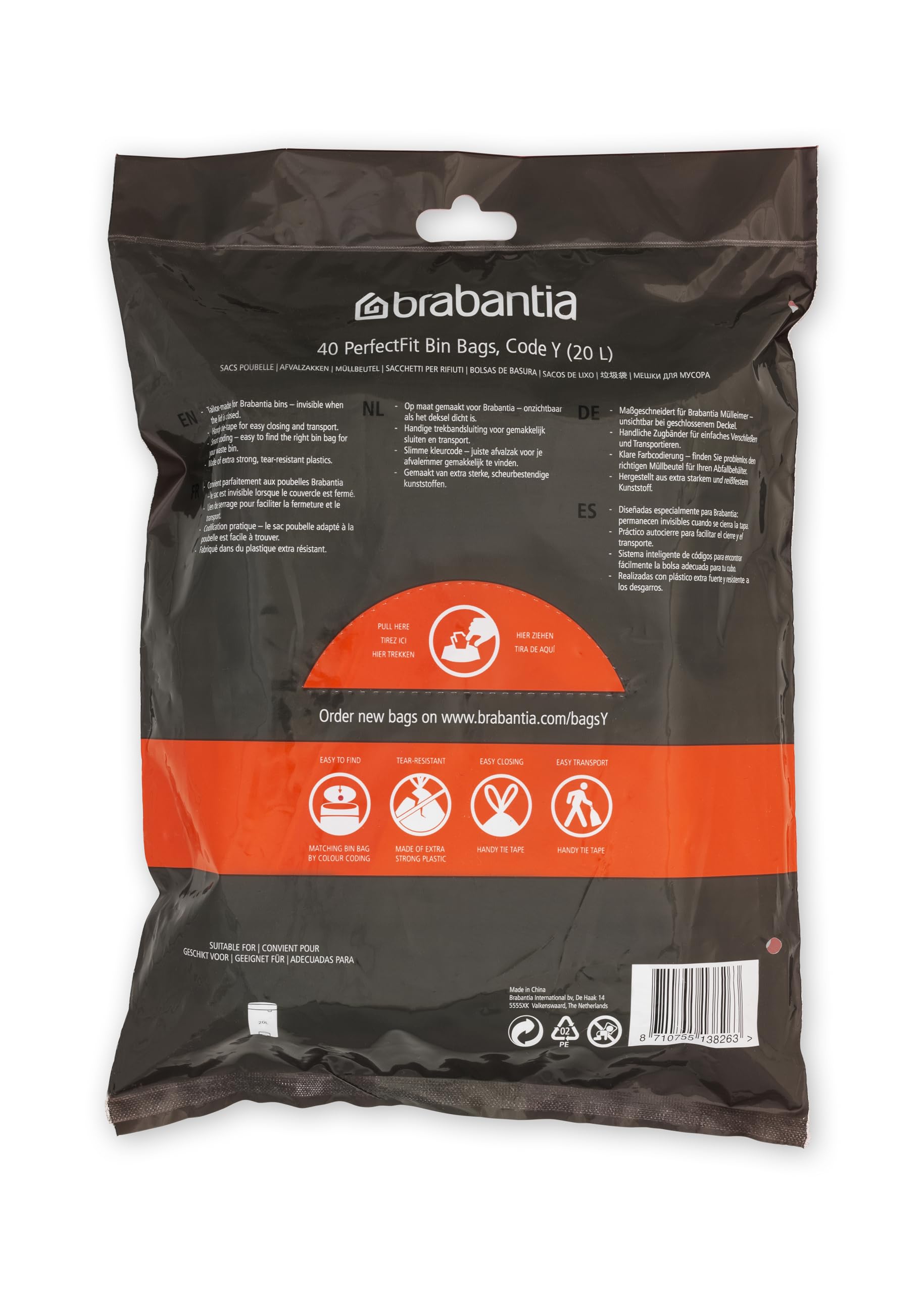 Brabantia PerfectFit Trash Bags - 40 Count, 5.3 Gallon (Size Y) Heavy Duty Drawstring Garbage Bags for Kitchen, Bathroom & Office Waste Bins - Leakproof & Tear-Resistant Trash Can Liners