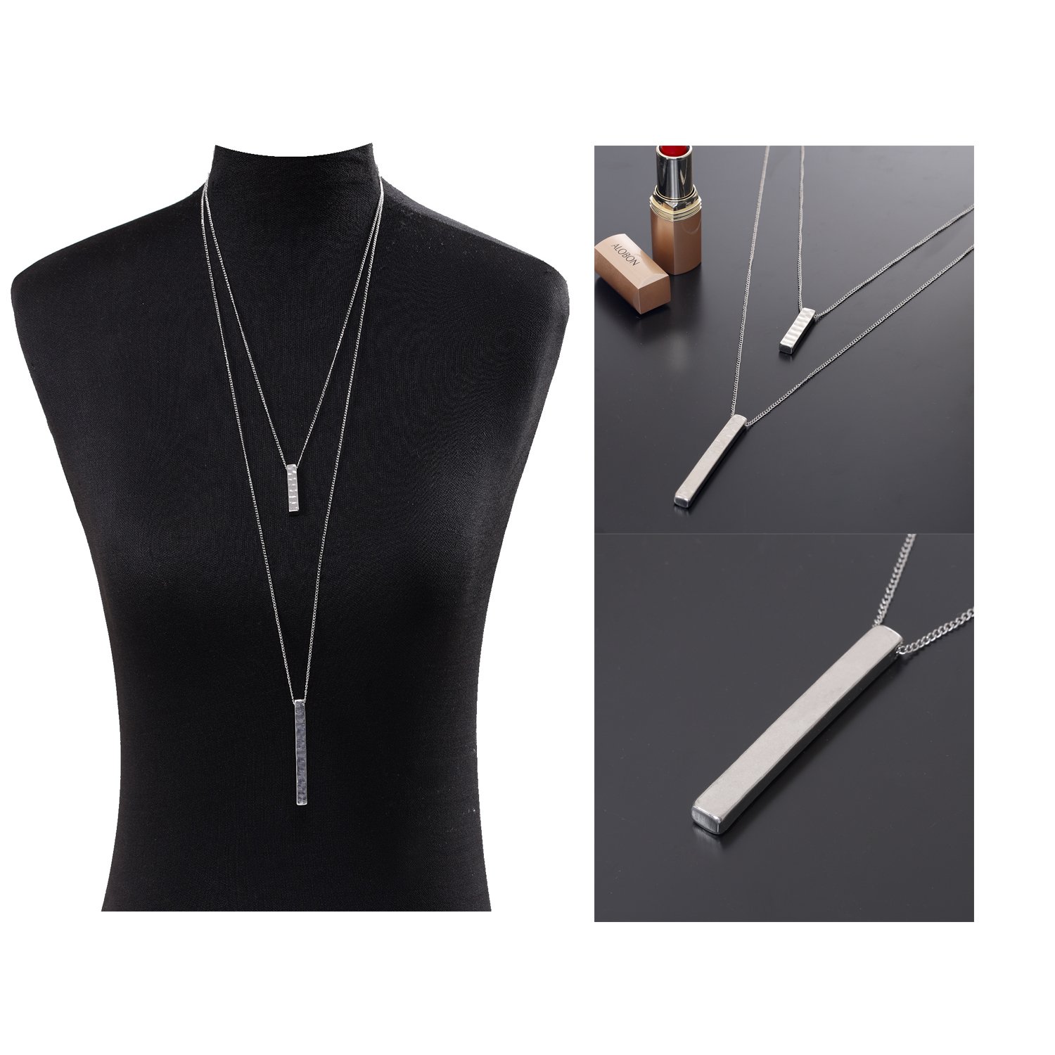 JYJ Women's Layered Hammered Bar Pendant Necklace - Silver Y Necklace for Sweaters & Casual Outfits | Elegant Multilayer Choker Jewelry for Everyday Wear & Special Occasions