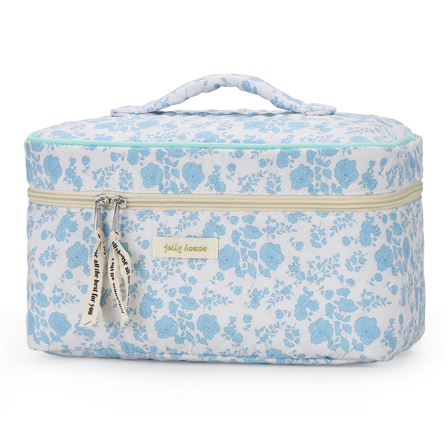 Sightor Large Cotton Makeup Bag for Women - Quilted Cosmetic Travel Organizer with Handle, Cute Aesthetic Floral Toiletry Bag | Perfect for Travel, Gym, Daily Use & Gift Giving