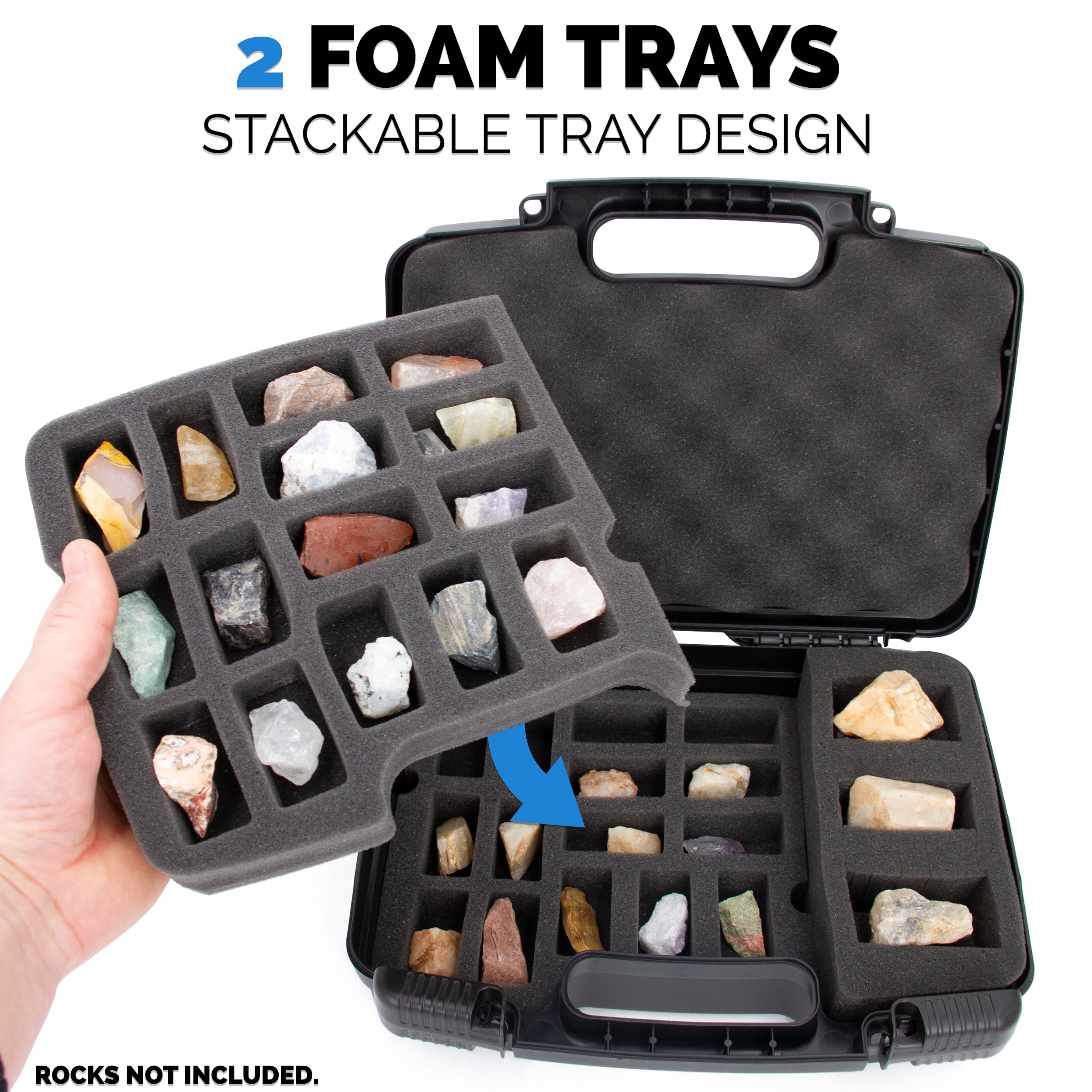CASEMATIX Rock Collection Travel Case - 30 Slot Rock Storage Box with 2 Pre-Cut Foam Trays, Customizable Foam Sections for Crystal Protection | Perfect for Geology Field Trips, Mineral Collecting & Travel Organization