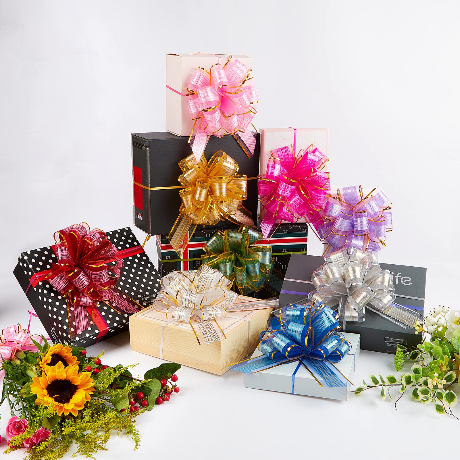 10pcs Large Yellow Gift Bows & Ribbons for Present Wrapping - Premium Pull Bows for Gift Baskets, Flower Arrangements & Package Decorations - Perfect for Christmas, Birthday & Wedding Gifts