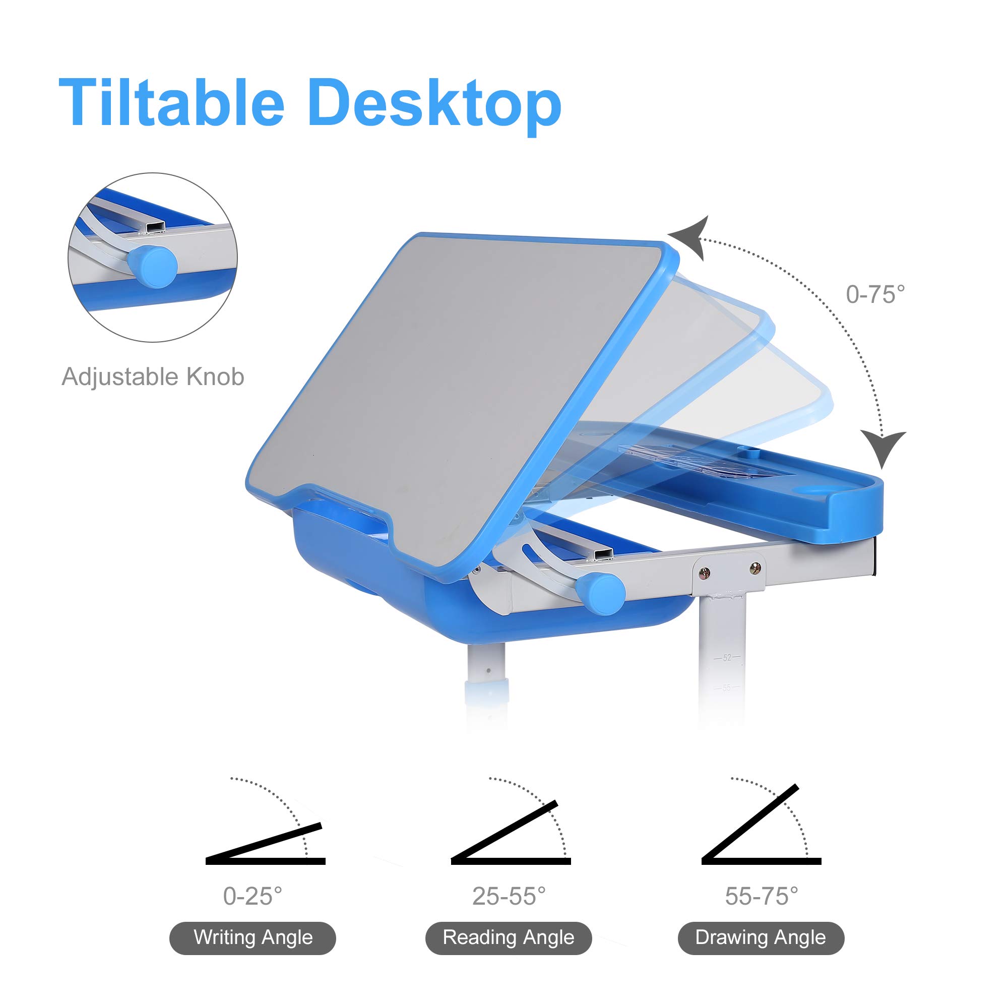 Adjustable Kids Desk and Chair Set with LED Light & Storage - Ergonomic Study Table for Children, Tilt Desktop, Book Stand - Perfect for Homework, Reading & Online Learning (Blue)