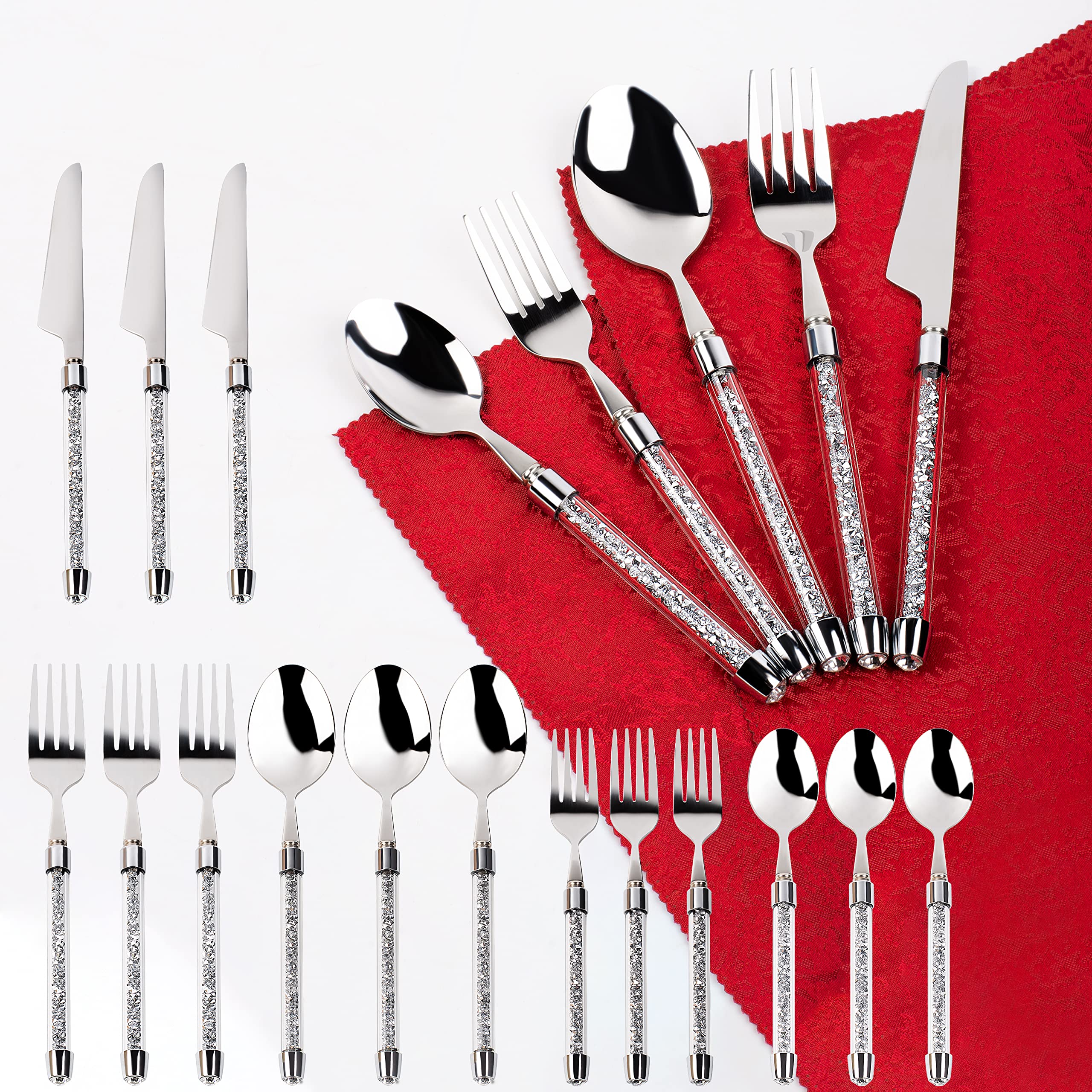 SHYFOY 20-Piece Bling Silverware Set - 18/8 Stainless Steel Flatware Cutlery with Crystal Glass Handles, Mirror Polished & Dishwasher Safe - Elegant Dinnerware for Home, Restaurant, Wedding & Party (Perfect for Formal Dining, Holiday Gatherings & Special Occasions)