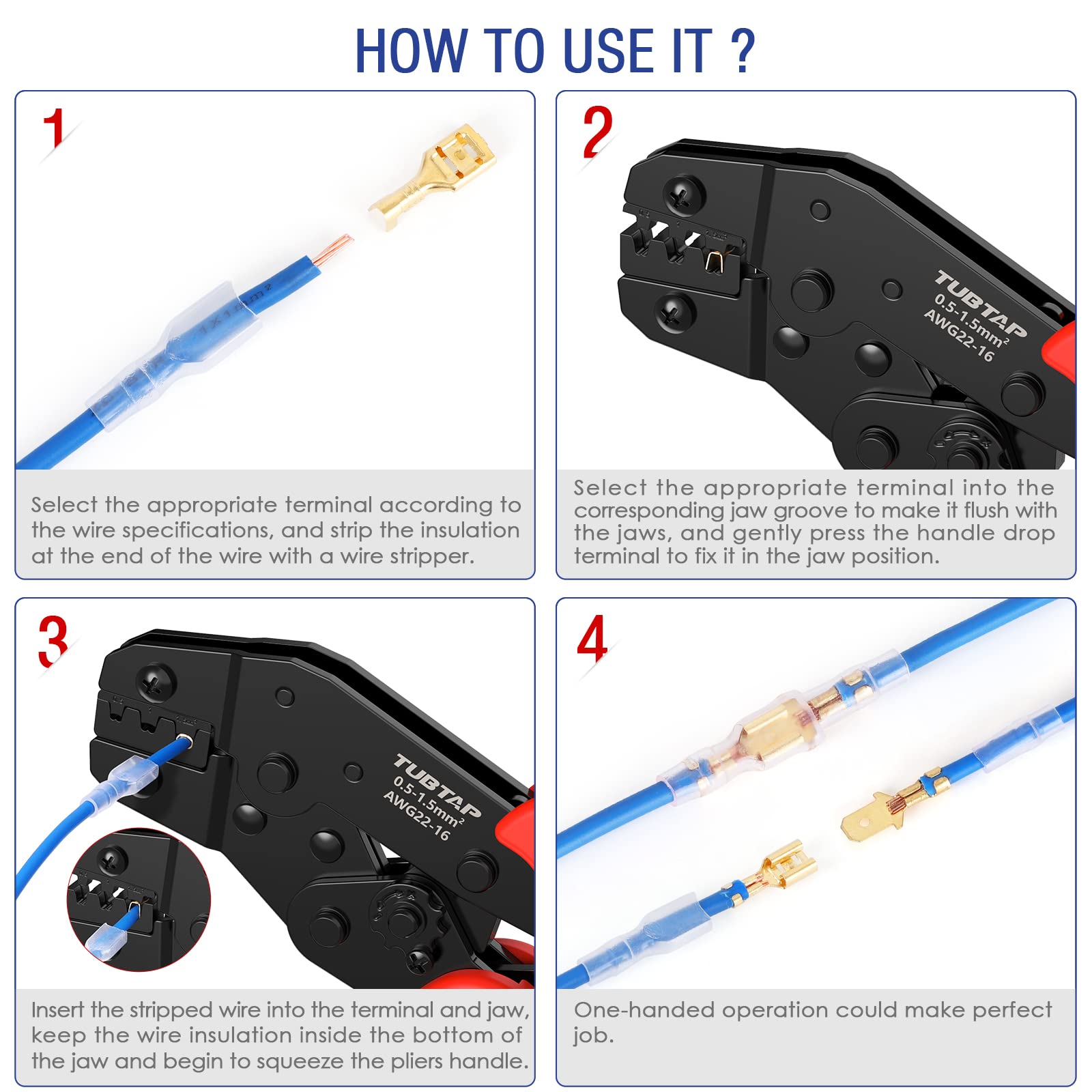TUBTAP 22-16 AWG Spade Connector Crimper Tool for Electrical Wiring - Perfect for Automotive & DIY Projects