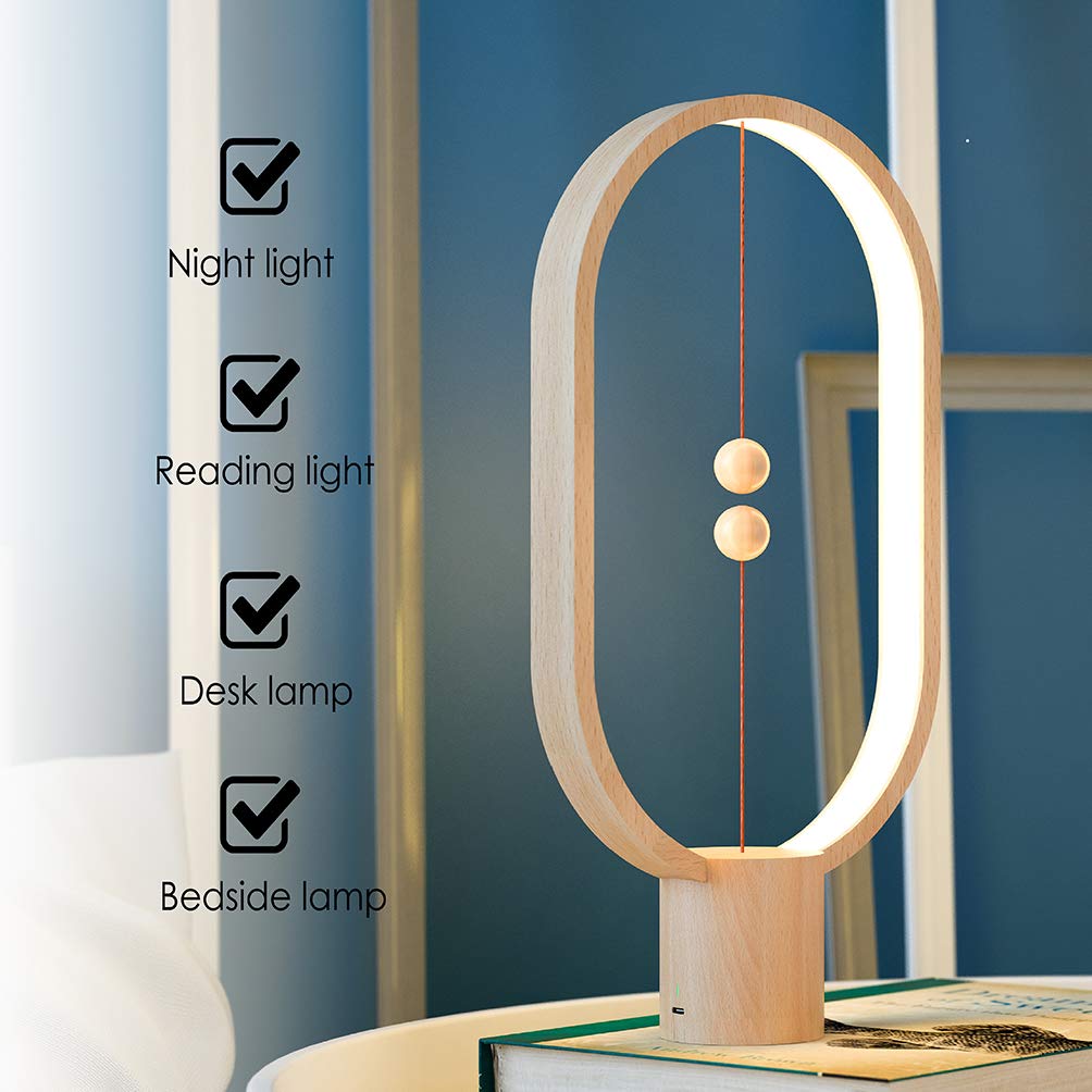 Allocacoc Heng Balance LED Table Lamp - USB Powered, Mid-Air Switch, Warm Eye-Care Light, Contemporary Design with Real Wood Base (Oval) - Perfect for Home Office & Bedroom Nightstand