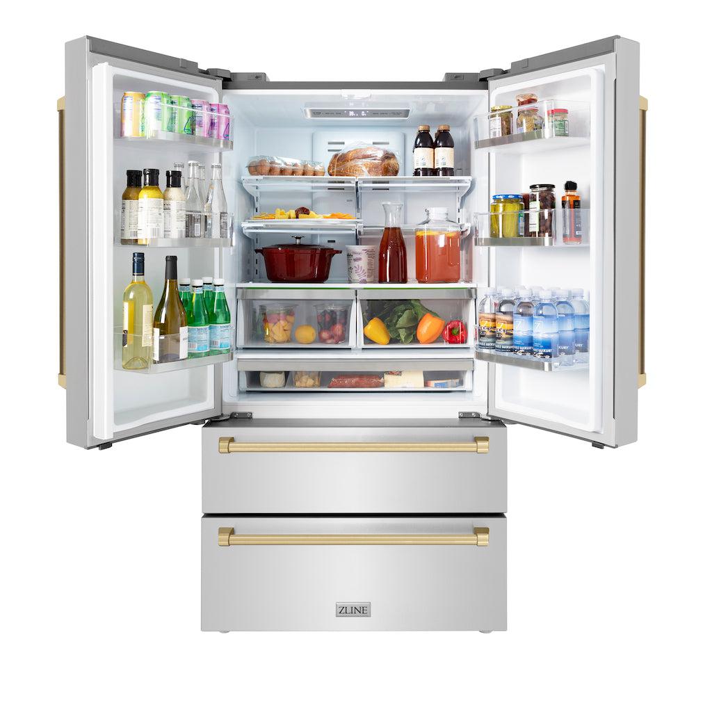 ZLINE Autograph Edition 36 Inch Counter Depth French Door Refrigerator - 22.5 cu ft Stainless Steel with Ice Maker & Champagne Bronze Handles | Fingerprint Resistant | Perfect for Modern Kitchens & Open Concept Homes (RFMZ 36 CB)