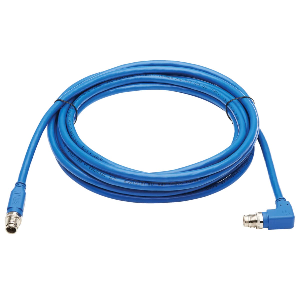 Tripp Lite M12 X-Code Cat6a Shielded Ethernet Cable - Right Angle M12 to M12, 10Gbps F/UTP CMR-LP, Industrial IP68 Rated, 60W PoE++, Blue, 16.4ft/5m - Perfect for Industrial Automation, Robotics & Harsh Environment Networking - Lifetime Warranty (NM12-6A3-05M-BL)