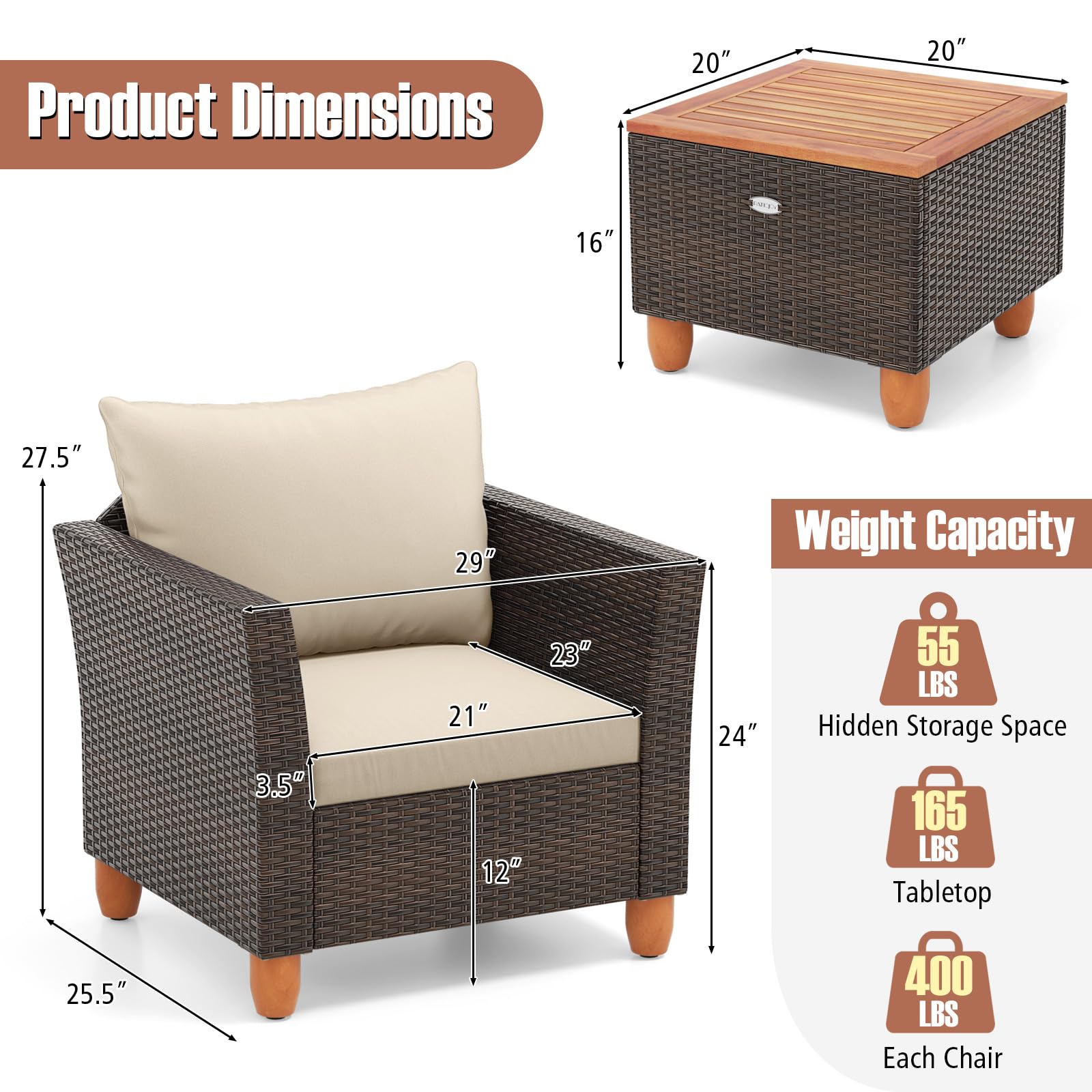 Tangkula 3-Piece Outdoor Patio Furniture Set - PE Wicker Bistro Set with Acacia Wood Frame & Soft Cushions - Perfect for Porch, Balcony, Garden & Backyard Relaxation (Beige)