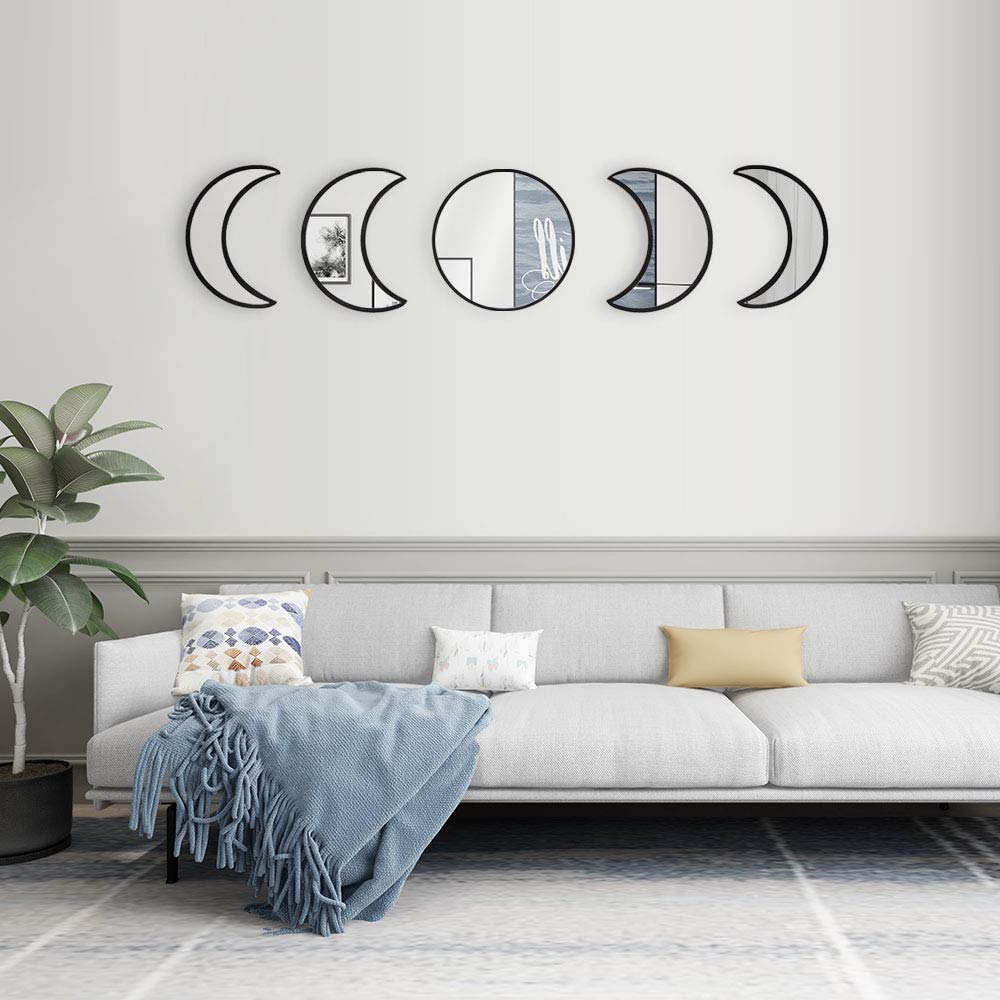 5PCS Removable Acrylic Mirror Set - Nordic Style Wooden Moon Phase Wall Mirror for Home Decor, Self-Adhesive No Drill Hanging, Perfect for Living Room, Bedroom & Office (Light White) - Create Elegant Boho Vibes & Enhance Small Spaces