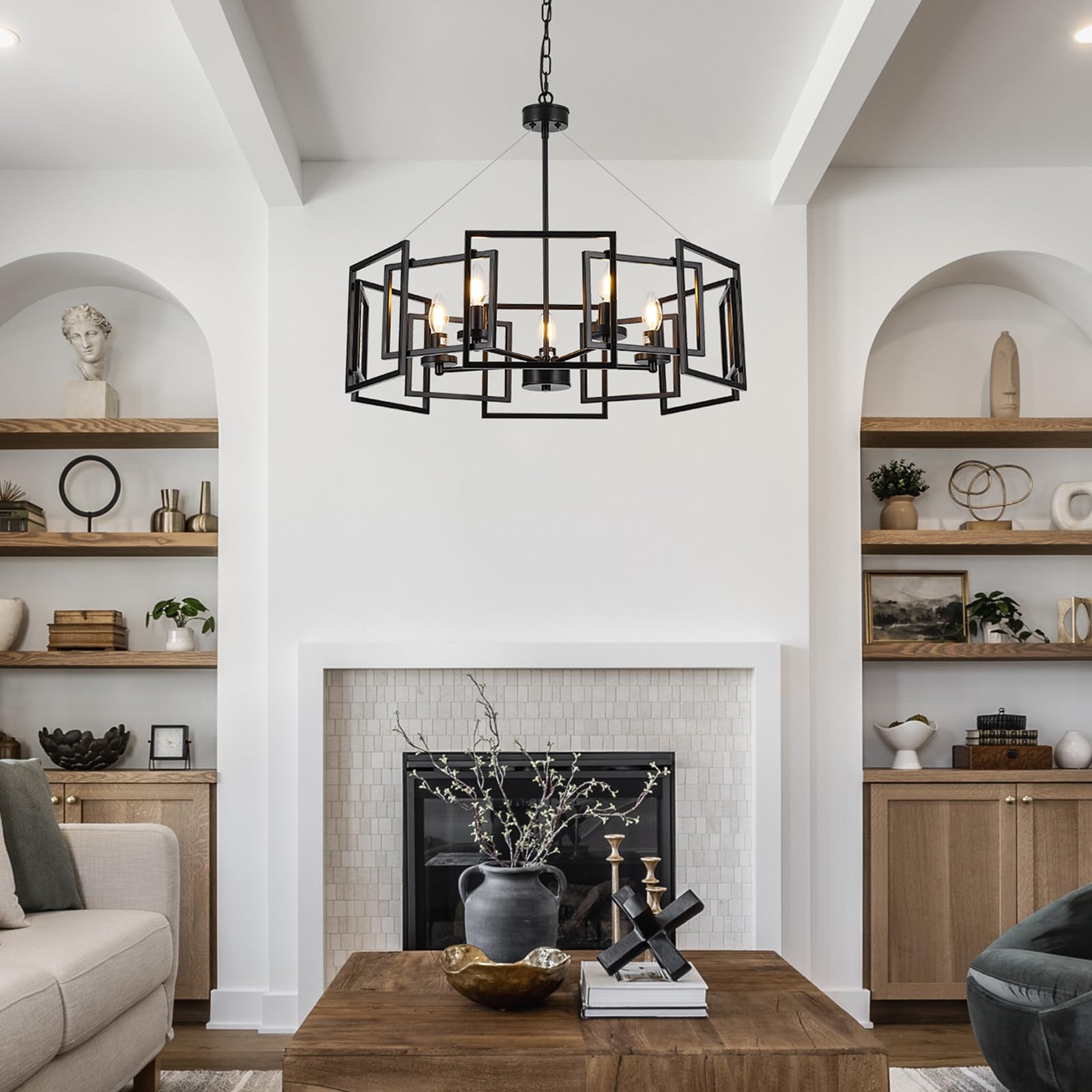 5-Light Black Geometric Chandelier - Adjustable Height Modern Industrial Pendant Light for Dining Room, Kitchen Island, Living Room, Bedroom & Entryway - Farmhouse Style Ceiling Fixture (Bulbs Not Included) - Perfect for Home Decor, Restaurant Lighting and Office Spaces