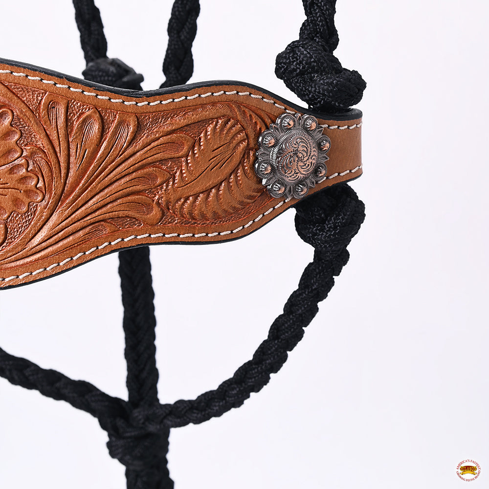 8 Ft Hilason Western Horse Halter - Durable Poly Rope with Floral Leather Accents & Lead Rope - Black - Perfect for Trail Riding, Training, and Show Horses