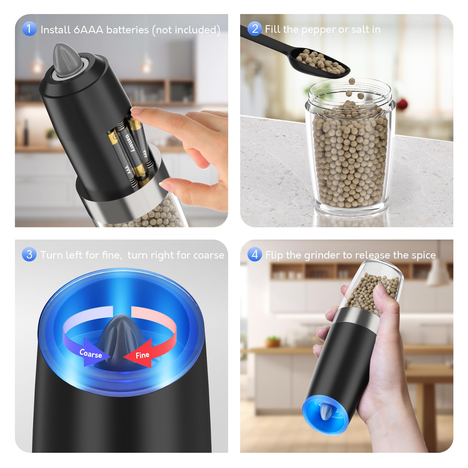 Premium Electric Pepper and Salt Grinder Set - Battery Powered Automatic Mill with Adjustable Coarseness & LED Light - One-Hand Operation for Kitchen, Dining Table, Camping & Outdoor Cooking