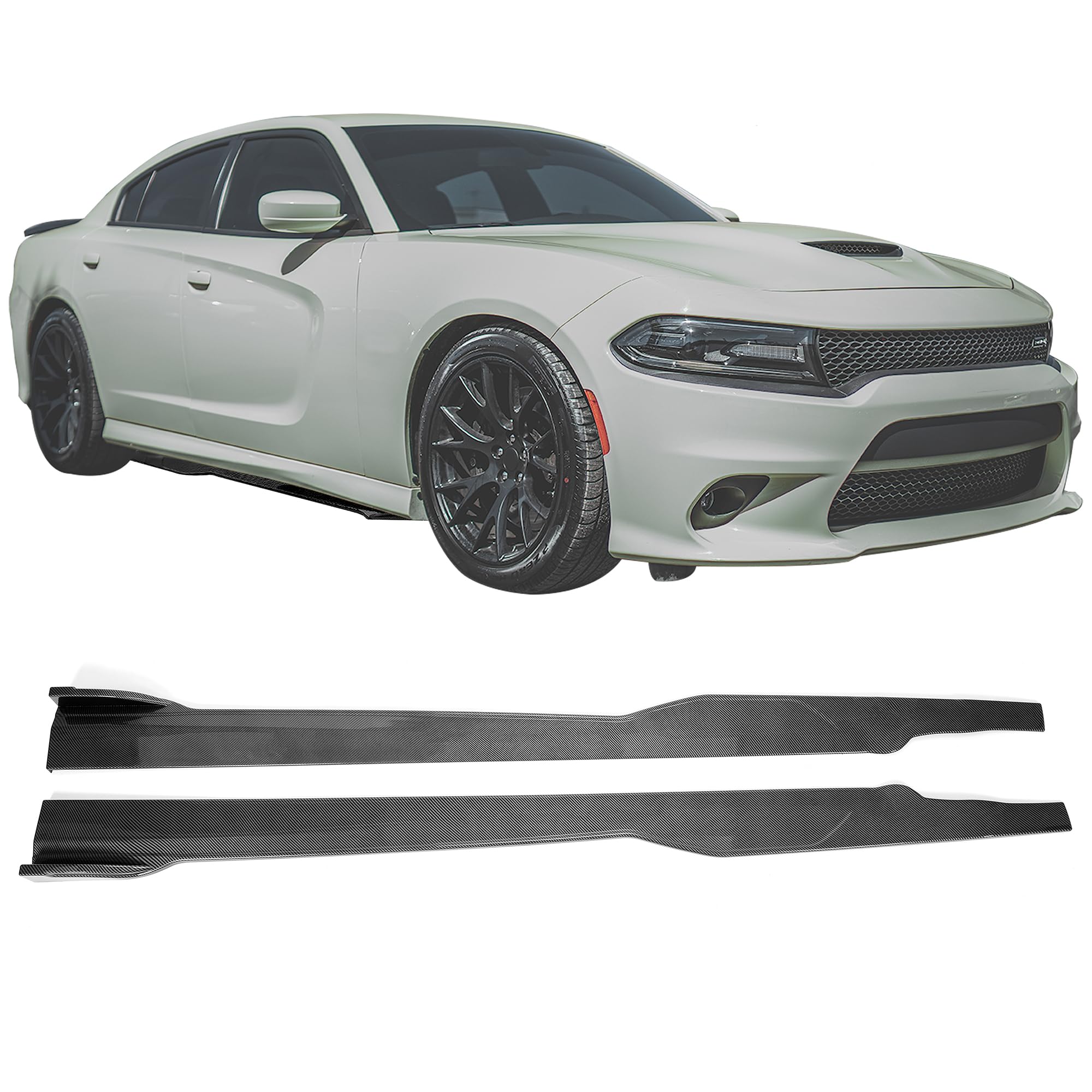 KUAFU Side Skirts for 2015-2023 Dodge Charger SRT Daytona Scat Pack R/T 392 GT - ABS Carbon Fiber Style Rocker Panel Guards & Body Kit Extensions - Perfect for Car Enthusiasts & Street Racing Upgrades