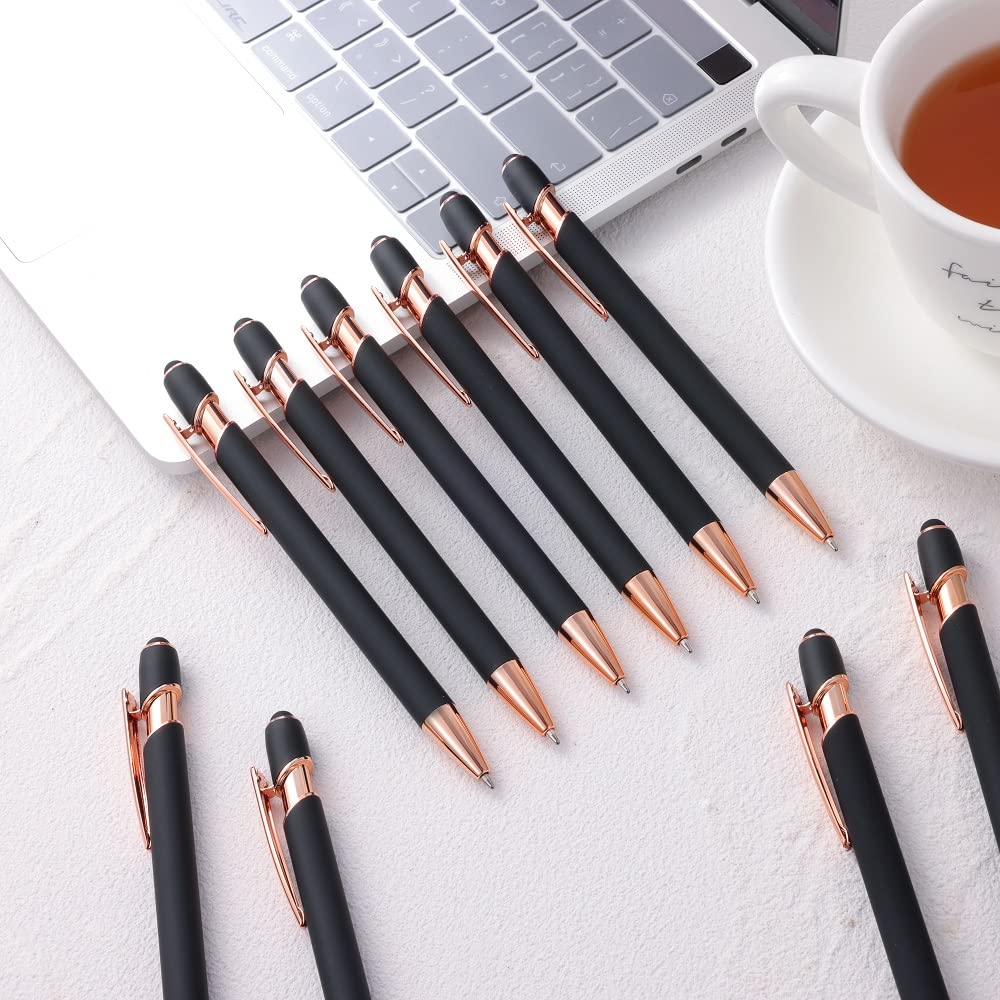 12-Pack 2-in-1 Stylus Ballpoint Pens with 1.0mm Black Ink - Metal Touch Screen Stylus & Writing Pen (Rose Gold & Black) Includes 12 Refills - Perfect for iPad, Tablet, Smartphone Note-Taking & Signing Documents