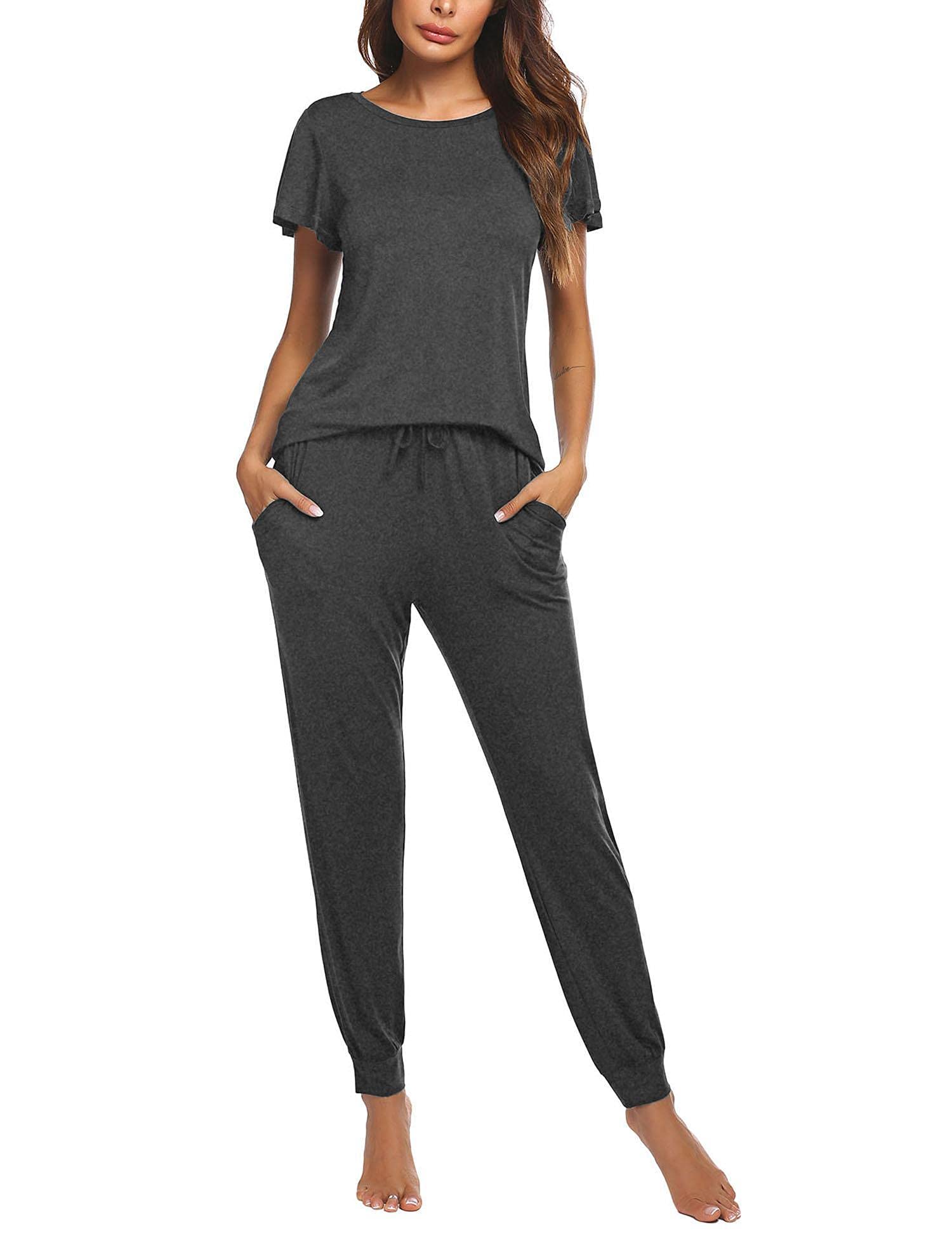 Ekouaer Women's Pajama Sets - Soft Short Sleeve Sleepwear & Long Pants Lounge Set with Pockets | Comfortable Sleep & Jogger PJs for Nightwear, Relaxing at Home