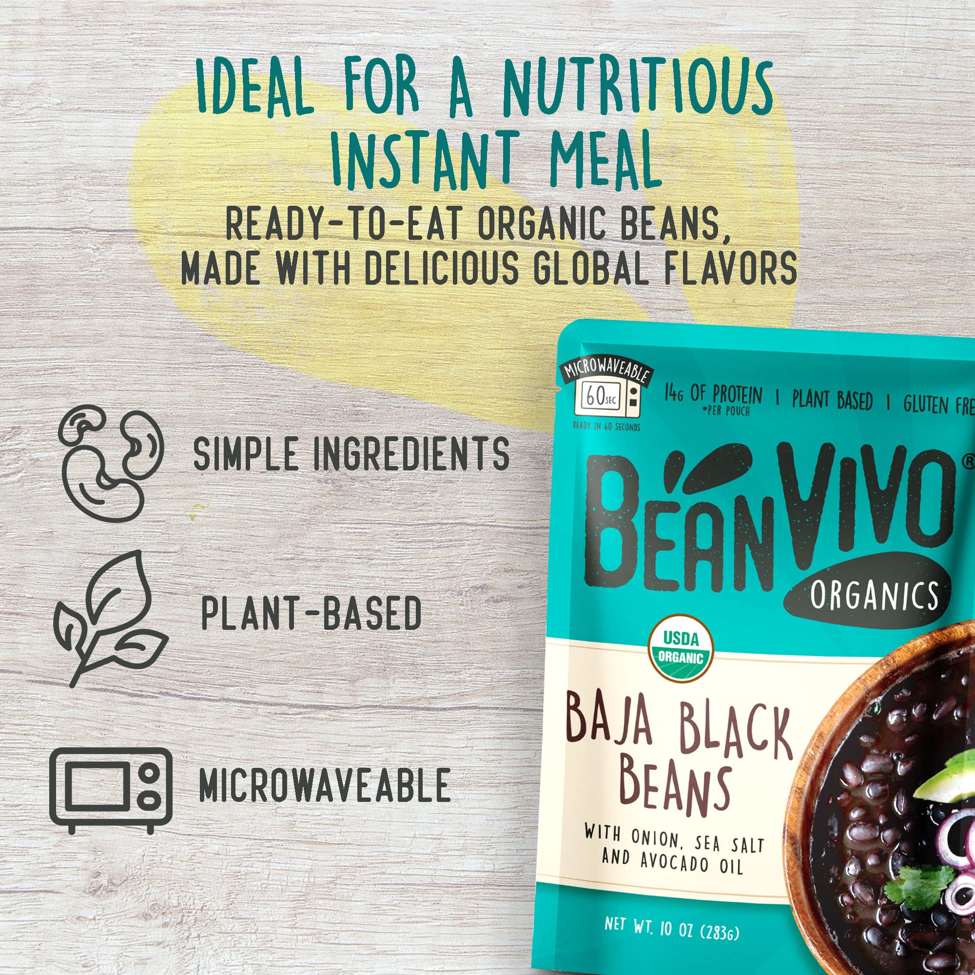 Organic Plant-Based Protein Baja Black Beans (Pack of 6) - High Fiber, Gluten-Free, Nutritious Microwave Meals - 10 oz - Perfect for Vegan Diets, Quick Lunches & Healthy Meal Prep