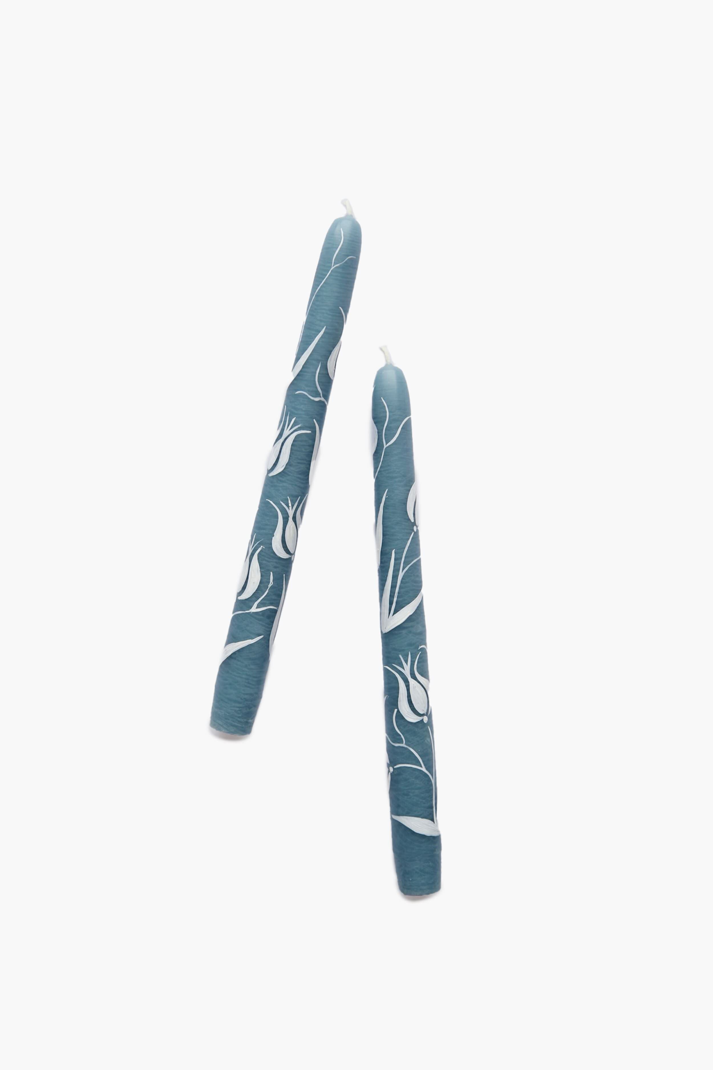 Hand-Painted Blue Tulip Taper Candles - Set of 2 for Romantic Dinners & Home Decor