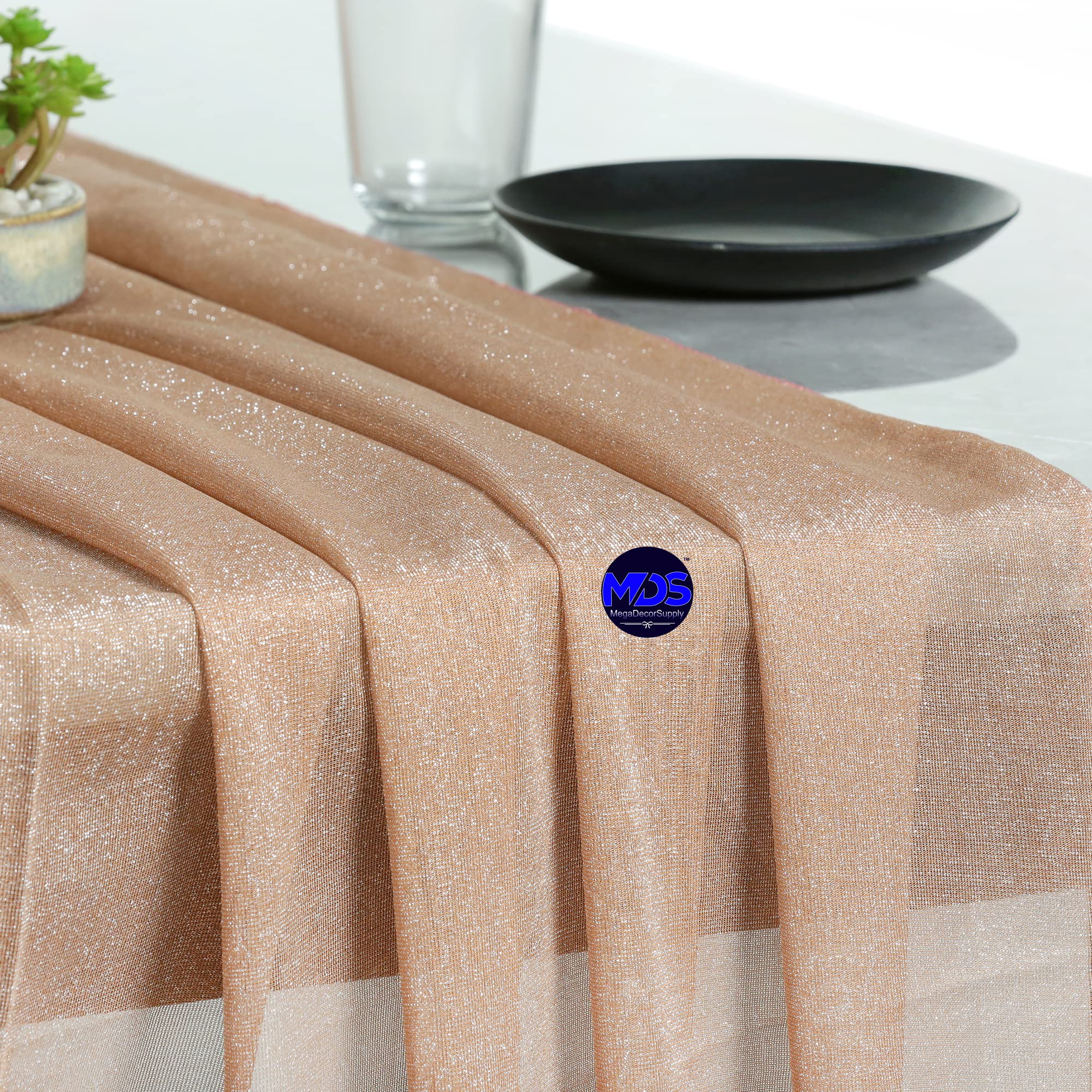 25-Pack Peach Wedding Table Runners 27x120 Inch - Fancy Sparkle Zari Banquet Decor for 10ft Tables | Elegant Wedding Reception, Anniversary & Party Decoration