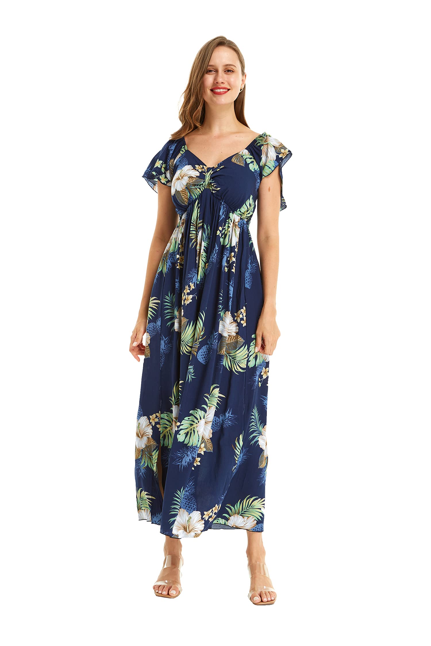 Stylish Matching Couple Hawaiian Luau Shirts & Rahee Maxi Dresses in Simply Blue Leaf Print - Perfect for Beach Vacations, Summer Parties & Tropical Getaways