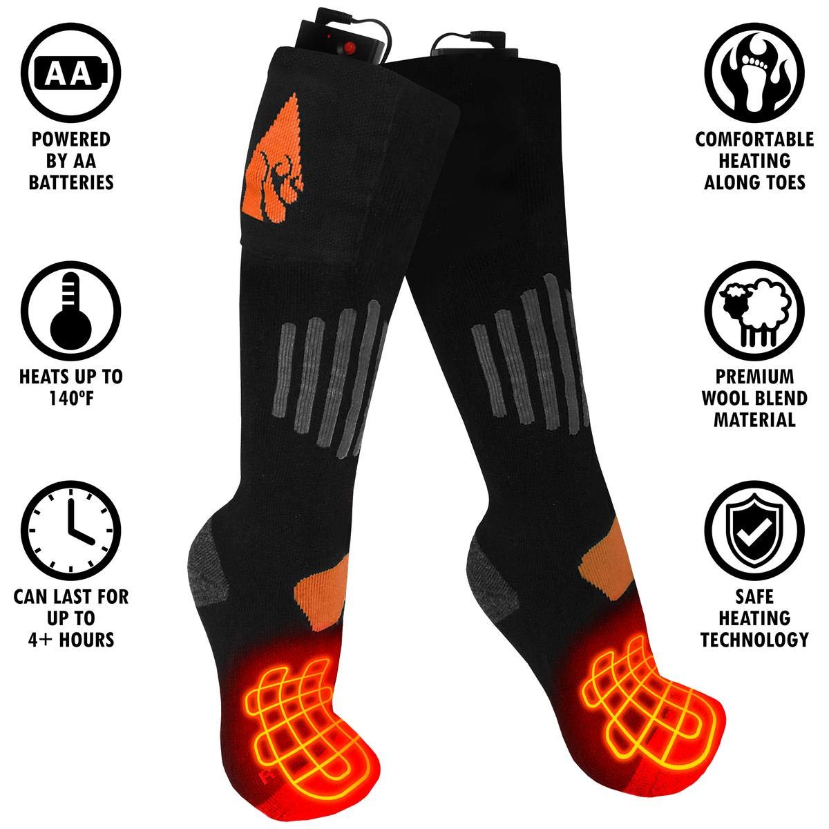 ActionHeat AA Battery Heated Socks for Men & Women - Built-in Heating Panels with Heat Reflective Technology, 4.5V Rechargeable Warm Socks for Winter Outdoor Activities, Hiking, Skiing & Cold Weather