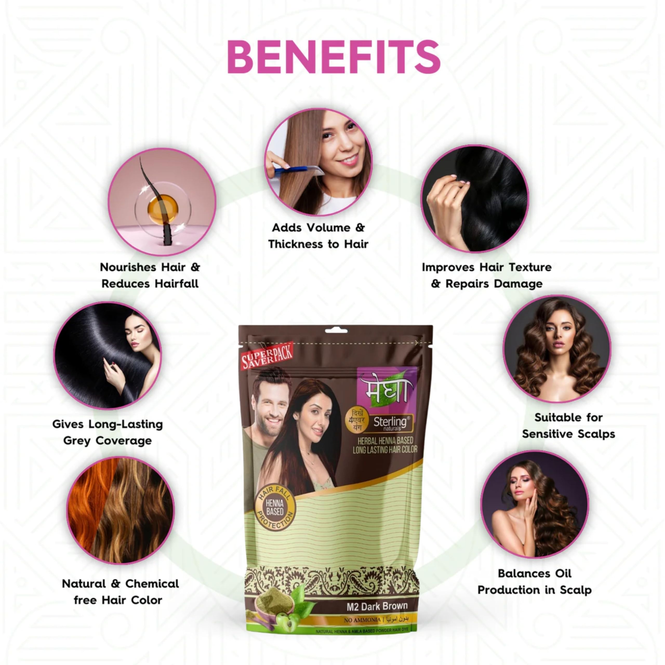 Natural Henna Hair Dye for Women - Sterling Naturals Ammonia-Free & Chemical-Free Dark Brown Hair Color (Pack of 12) | Safe Herbal Hair Coloring for Gray Coverage & Conditioning at Home