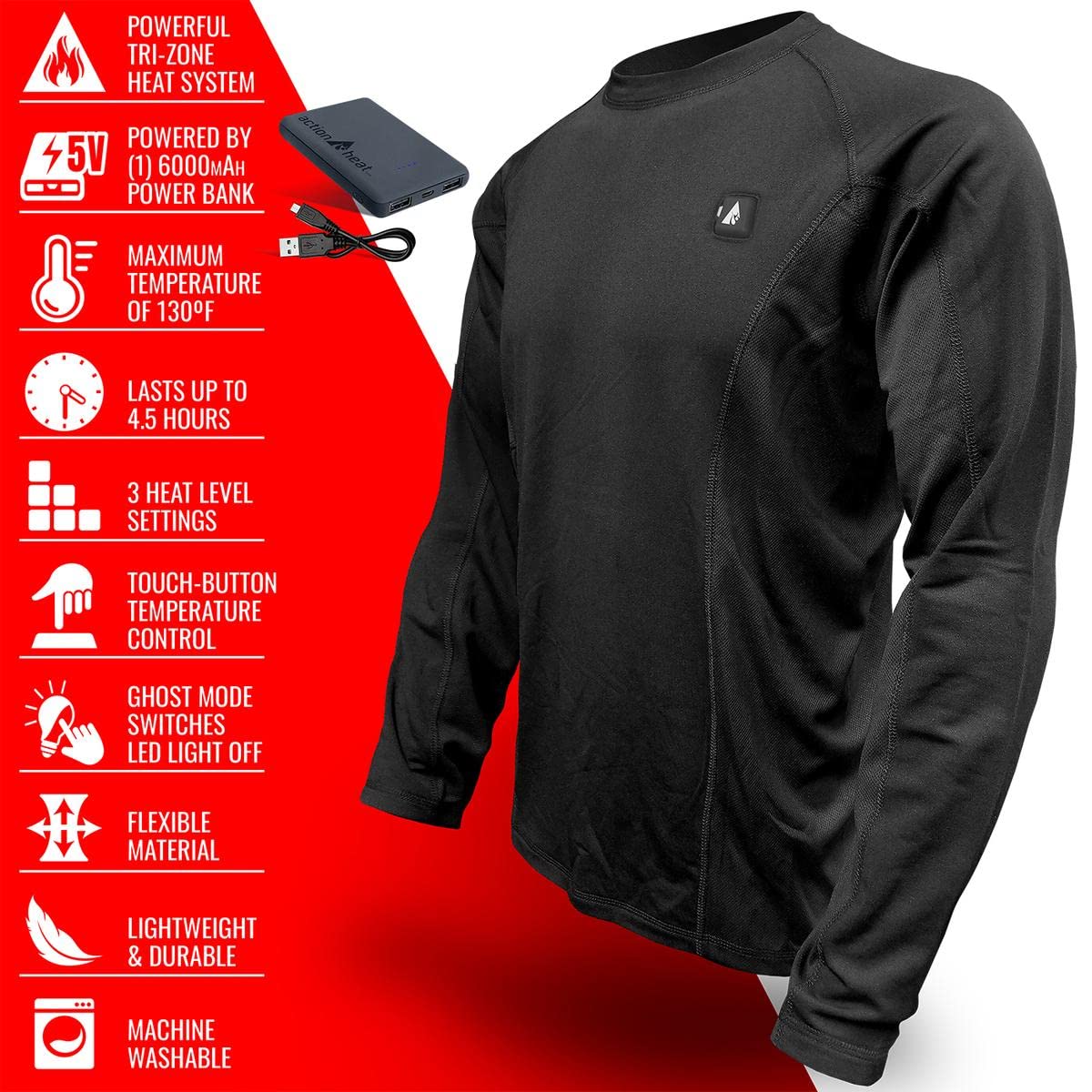 ActionHeat Heated Thermals for Men - Ultra Comfortable Battery-Powered Heated Shirt with 3 Heat Zones | Winter Thermal Underwear for Outdoor Activities, Skiing & Cold Weather Work