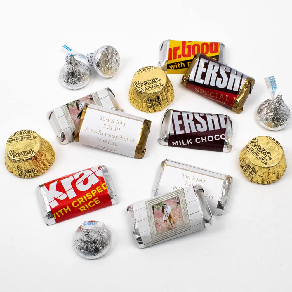 200pcs Personalized Wedding Chocolate Favor Kit - Custom Wrapped Miniatures, Kisses & Peanut Butter Cups - Rustic Photo Candy Buffet Supplies for Wedding, Bridal Shower & Anniversary Party Favors