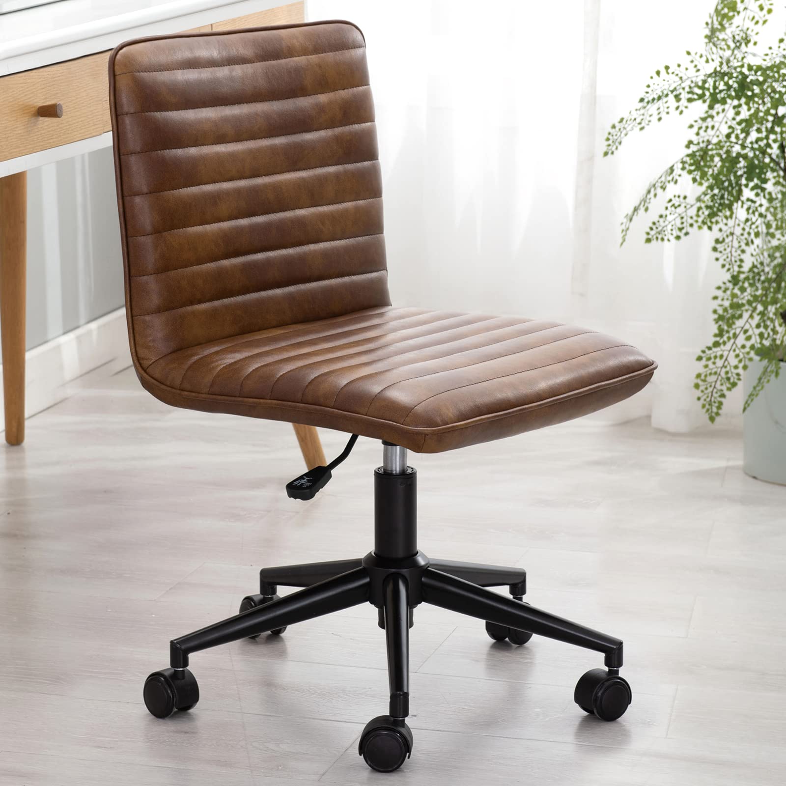 Ergonomic Armless Office Desk Chair - Faux Leather Upholstered Mid-Back Task Chair with 360° Swivel & Height Adjustment - Perfect for Home Office, Study Room & Teen Workspace (Dust Yellow)