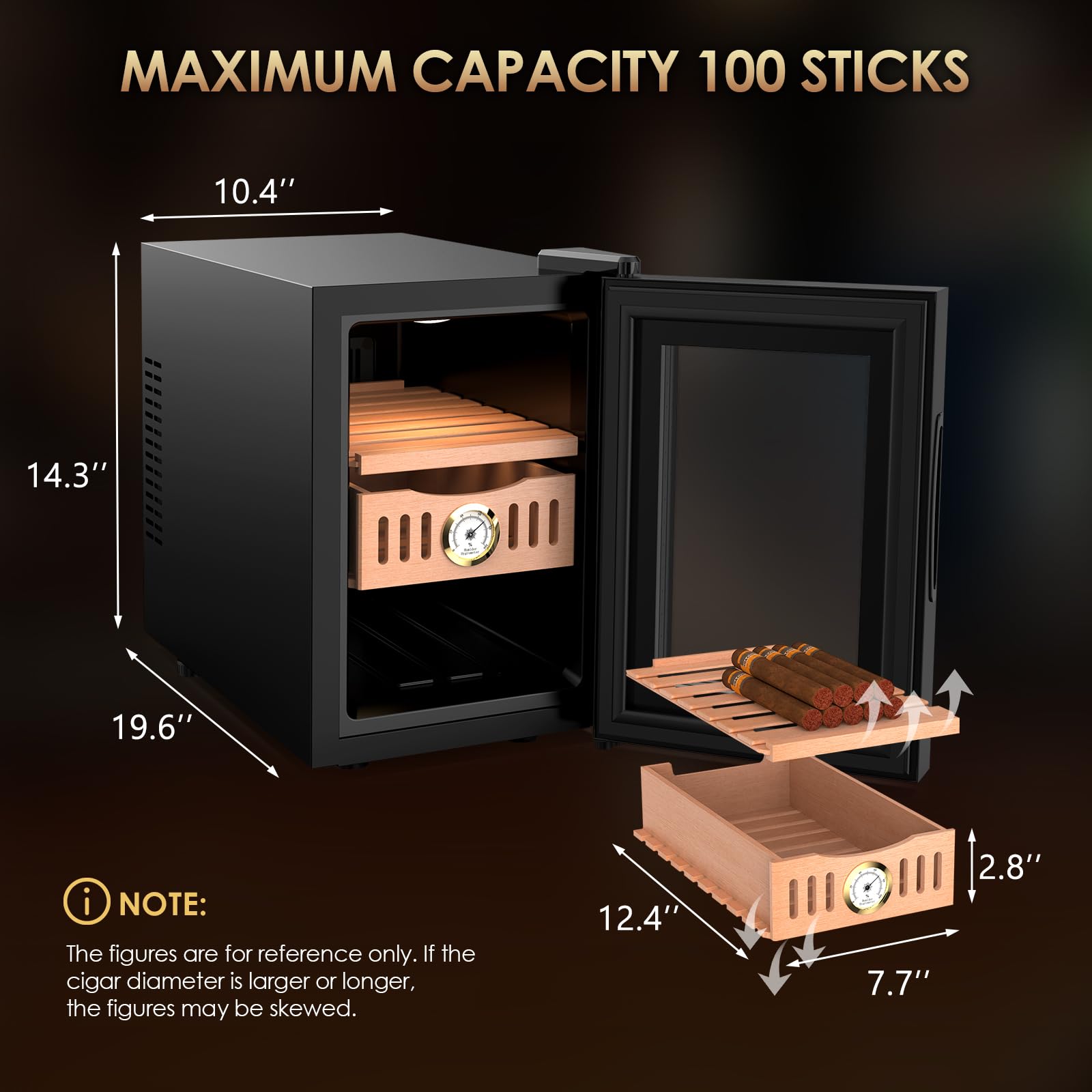 Premium Electric Storage Cabinet with Spanish Cedar Drawers & Trays - Digital LED Humidity & Temperature Monitor - Ideal for Cigars, Wine, and Collectibles (100 Counts) - Perfect Gift for Men & Home Storage Solution