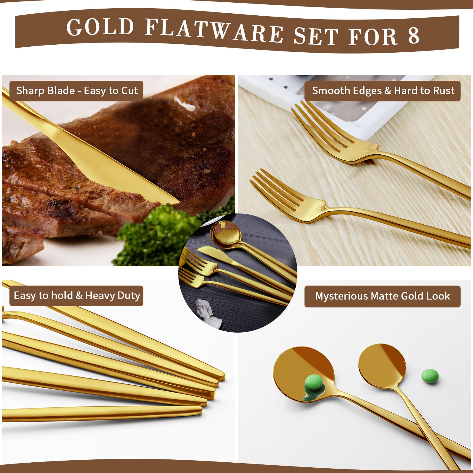 40-Piece Gold Silverware Set for 8 - CEKEE Stainless Steel Flatware Set with Satin Finish | Cutlery & Kitchen Utensils for Home, Restaurant & Wedding | Elegant Tableware Set Includes Forks, Knives & Spoons | Perfect for Dinner Parties, Holiday Meals & Special Occasions