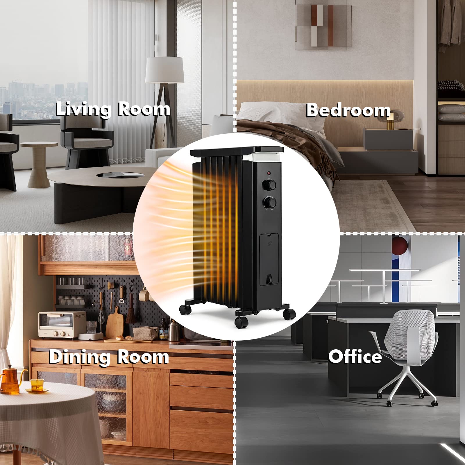 PETSITE 1500W Oil-Filled Radiator Heater with Thermostat - 3 Heat Settings, Overheat & Tip-Over Protection, Hanging Rack & Humidification Box - Perfect for Home, Bedroom, Office & Indoor Use - Energy Efficient Space Heater for Winter & Cold Weather