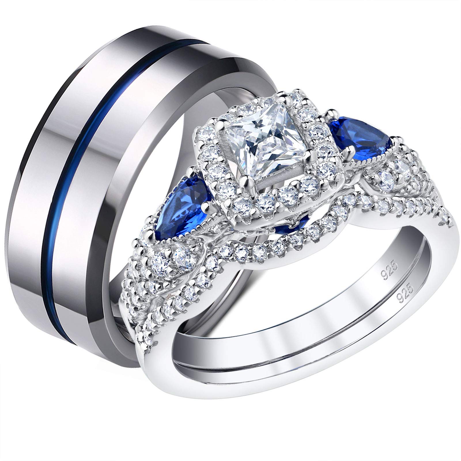 Couple Wedding Rings Set - Sterling Silver & Tungsten Bands for Him & Her | Engagement, Anniversary Gift