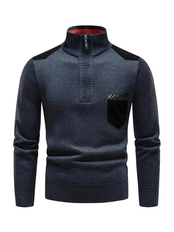 Men's Stand-Up Collar Patchwork Zipper Turtleneck Sweater - Winter Fashion for Casual & Business Wear