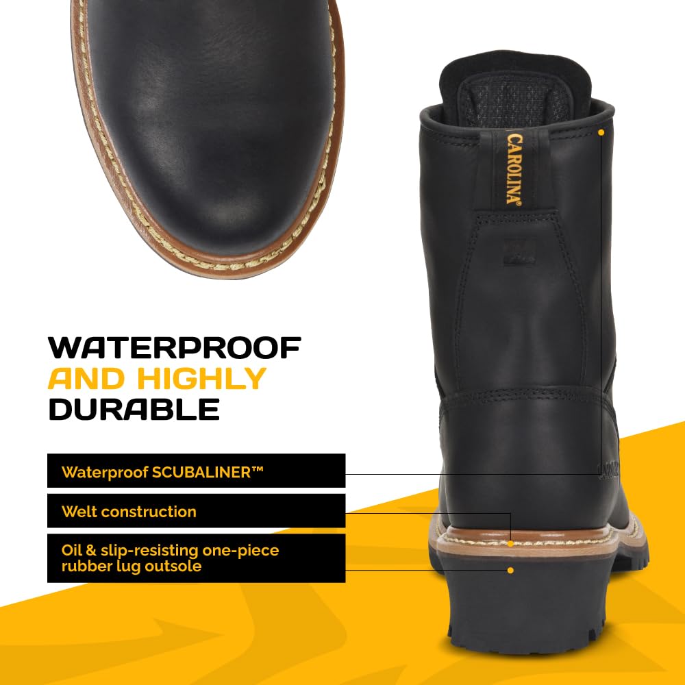Carolina Elm 8 Inch Logger Steel Toe Work Boots for Men - Crazy Horse Leather Upper, Comfortable Pillow Cushion Footbed, Oil & Slip Resistant EH-Rated Outsole - Ideal for Construction, Logging & Heavy Duty Work