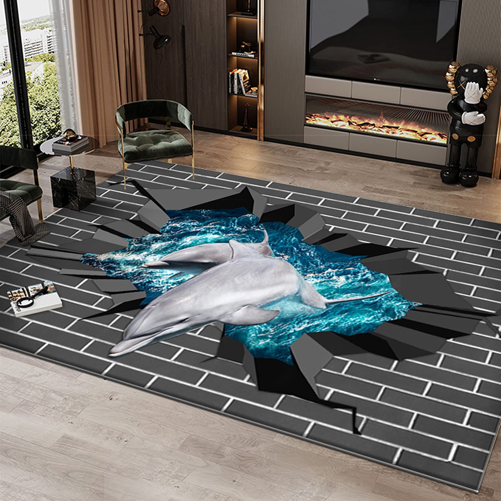 3D Optical Illusion Dolphin Through The Wall Area Rug - Non-Slip Floor Mat for Bedroom, Living Room, Kids Room - 35x24 Inch Home Decor Carpet (Perfect for Boys Room, Game Room & Unique Gift Idea)