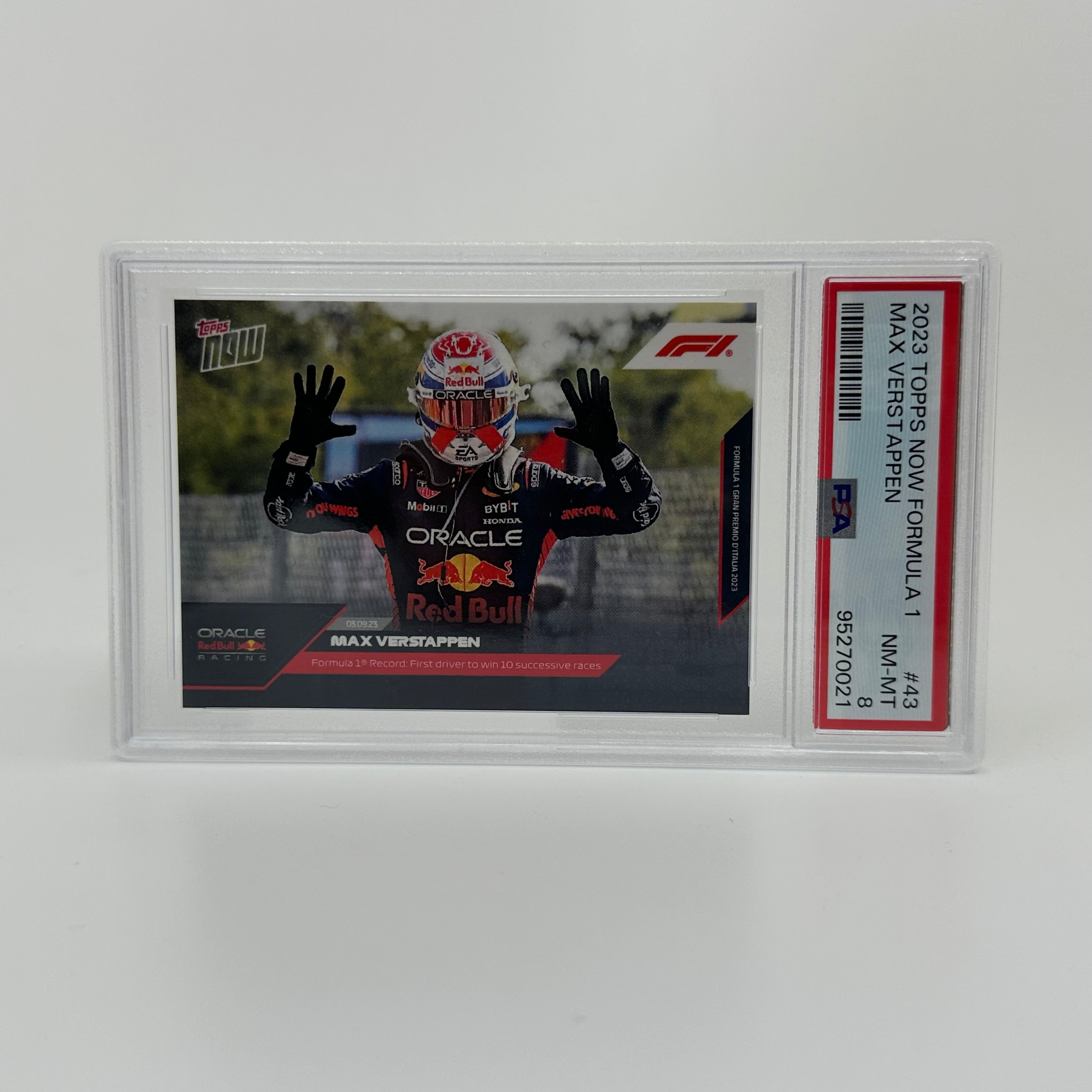 PSA 8 Graded Max Verstappen 2023 Topps Now #43 Formula 1 Trading Card - 10 Wins Championship Season Collector's Item for Sports Memorabilia Display