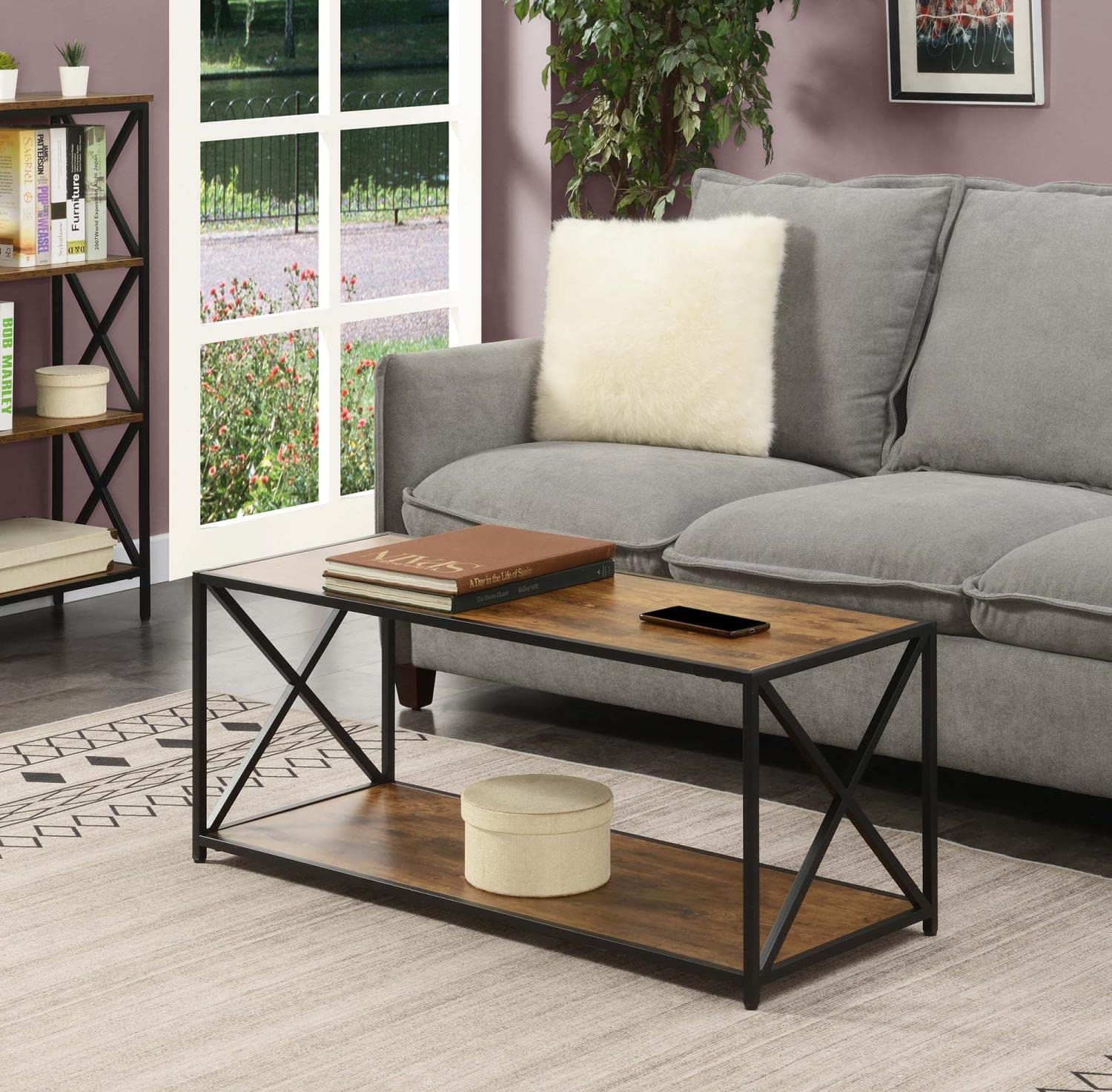 Convenience Concepts Tucson Coffee Table with Shelf - Rustic Barnwood & Black Finish for Living Room, Lounge, or Office