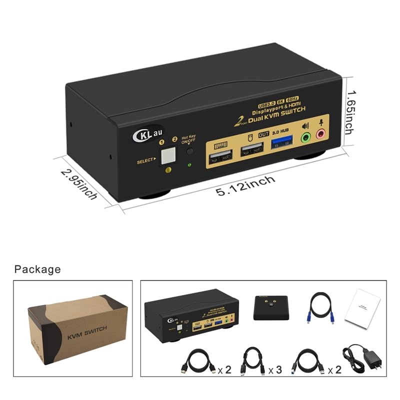CKLau 2 Port USB 3.0 KVM Switch - Dual Monitor Support, DisplayPort 1.4 & HDMI 2.1 - 8K@60Hz, 4K@144Hz with Audio Output & Included Cables - Ideal for Home Office, Gaming & Multi-Tasking Workstations