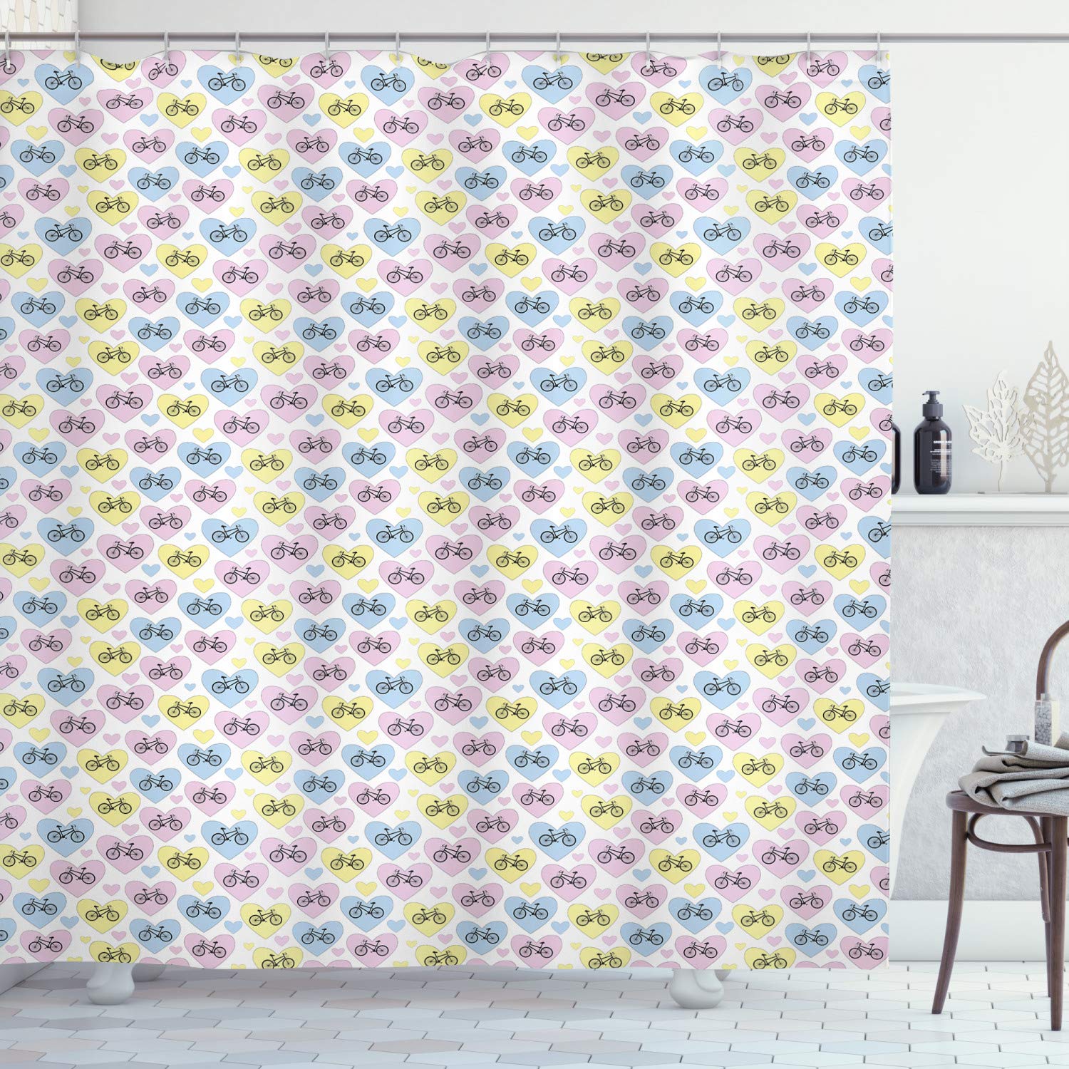 Ambesonne Bicycle Shower Curtain - Colorful Bikes & Hearts Pattern, 69x70 Inch Fabric Bathroom Decor with Hooks | Vintage Cycling Theme for Bathroom, Bedroom, or Dorm Room Decor