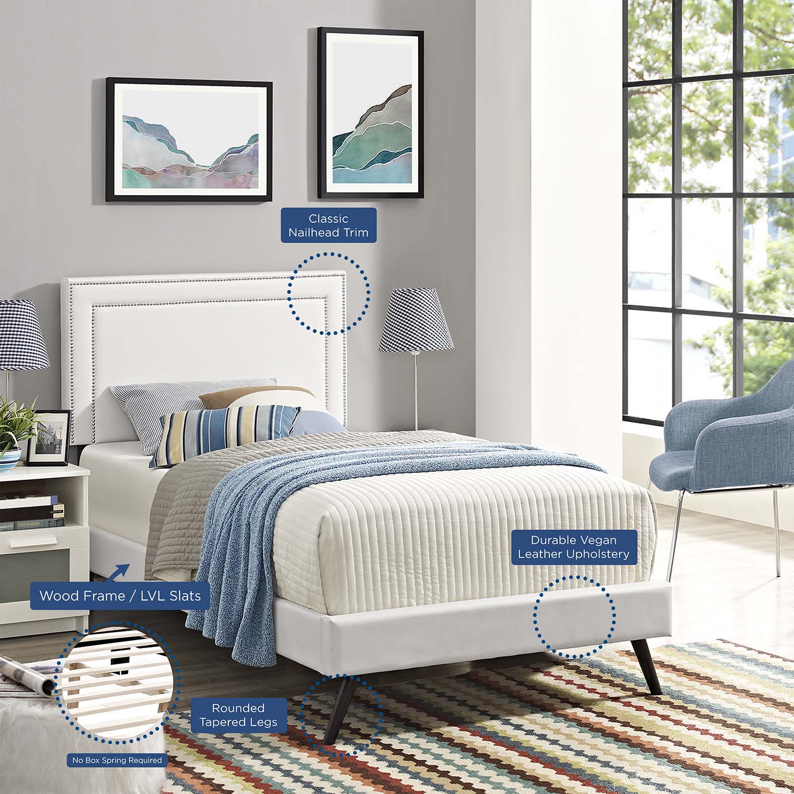 Virginia Vinyl Platform Bed with Round Splayed Legs - Modern Minimalist Bed Frame for Bedroom, Dorm, Guest Room - Sturdy & Space-Saving Design