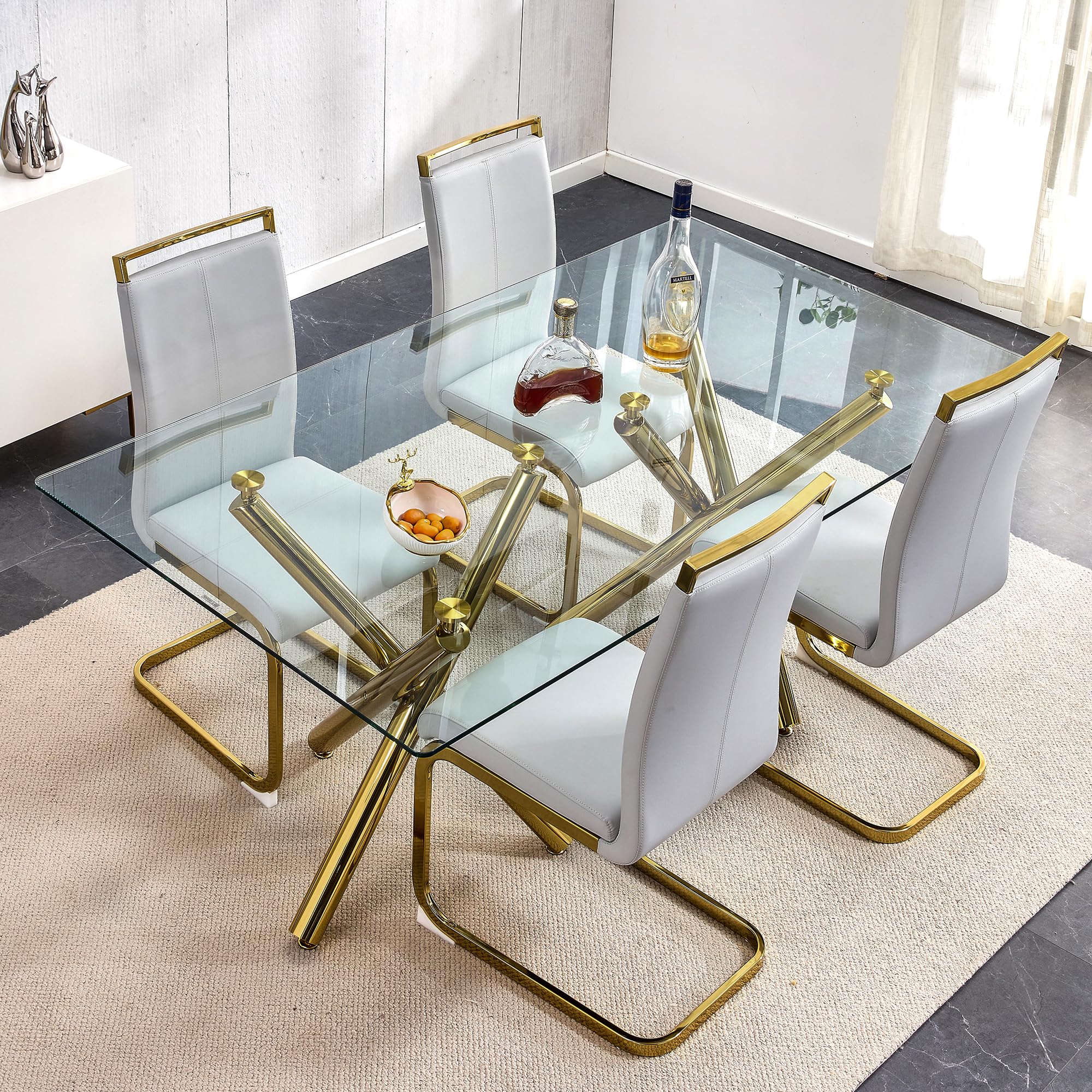 Baysitone Modern Dining Chairs Set of 4 - Gold Frame Faux Leather Padded High Back Side Chairs for Kitchen, Dining Room & Living Room - Light Grey - Perfect for Home Decor, Family Gatherings & Dinner Parties